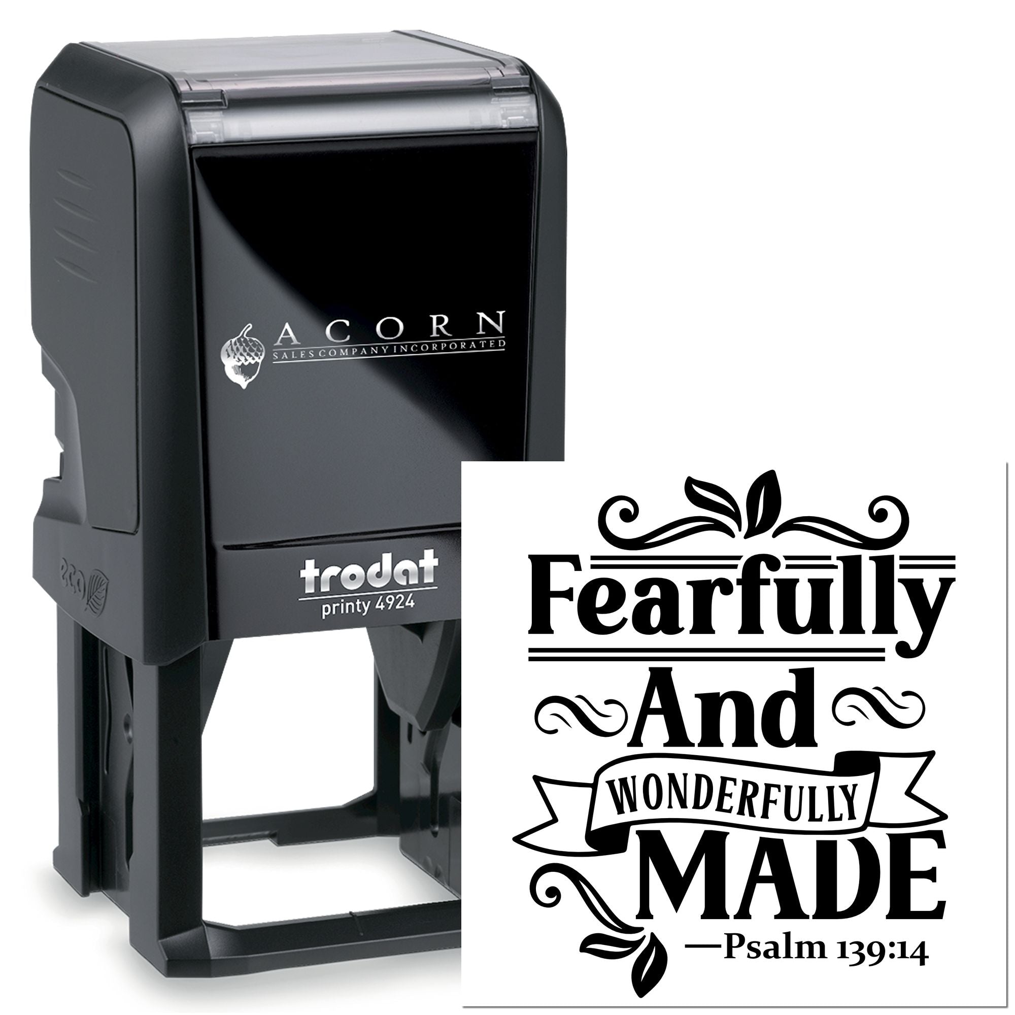 Custom self-inking rubber stamp, Trodat Printy 4924, featuring Fearfully and Wonderfully Made Psalm 139:14 design.