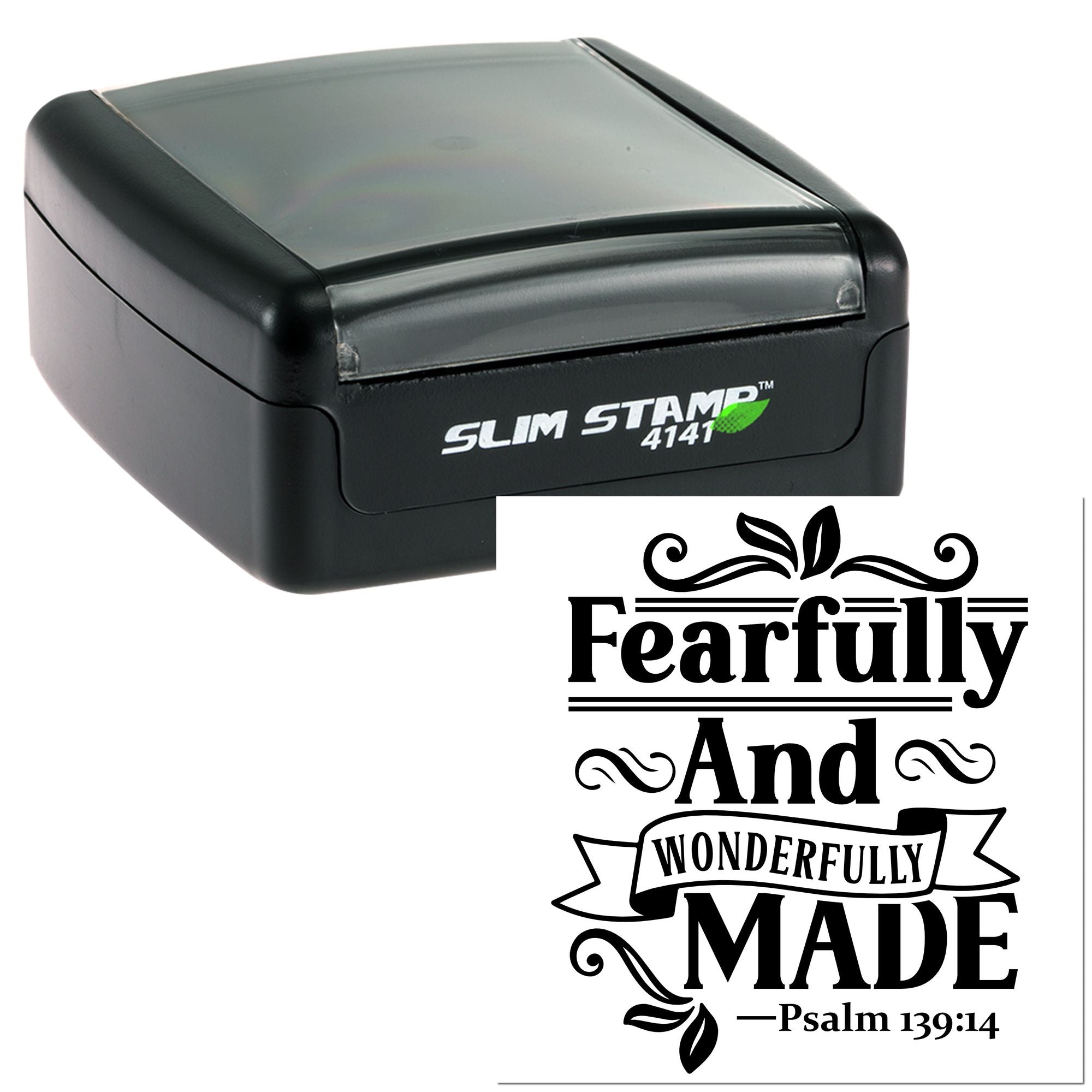 Custom self-inking rubber stamp with Fearfully and Wonderfully Made Psalm 139:14 design for religious crafts.