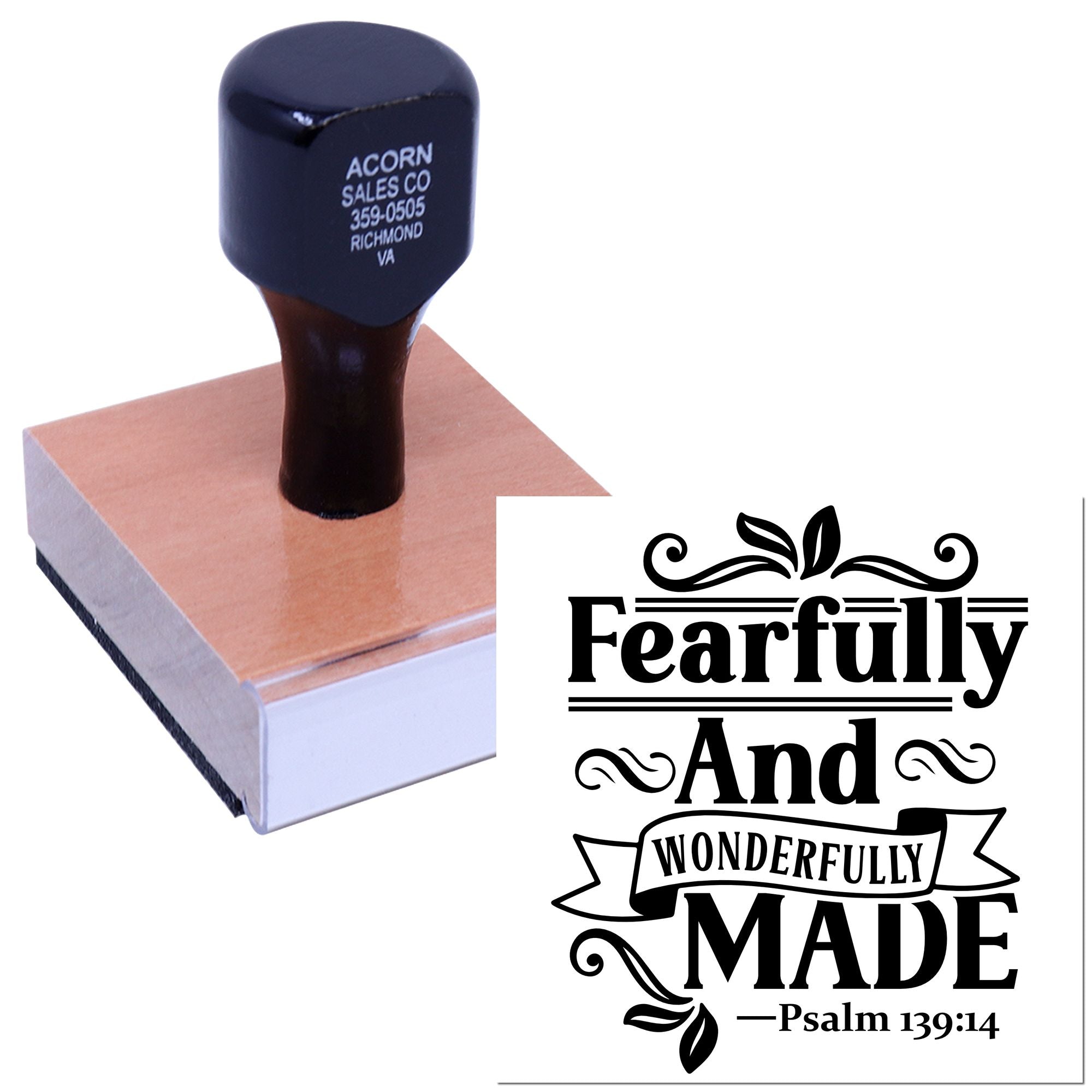 Christian rubber stamp with Fearfully and Wonderfully Made design, Psalm 139:14, for handmade faith crafts.