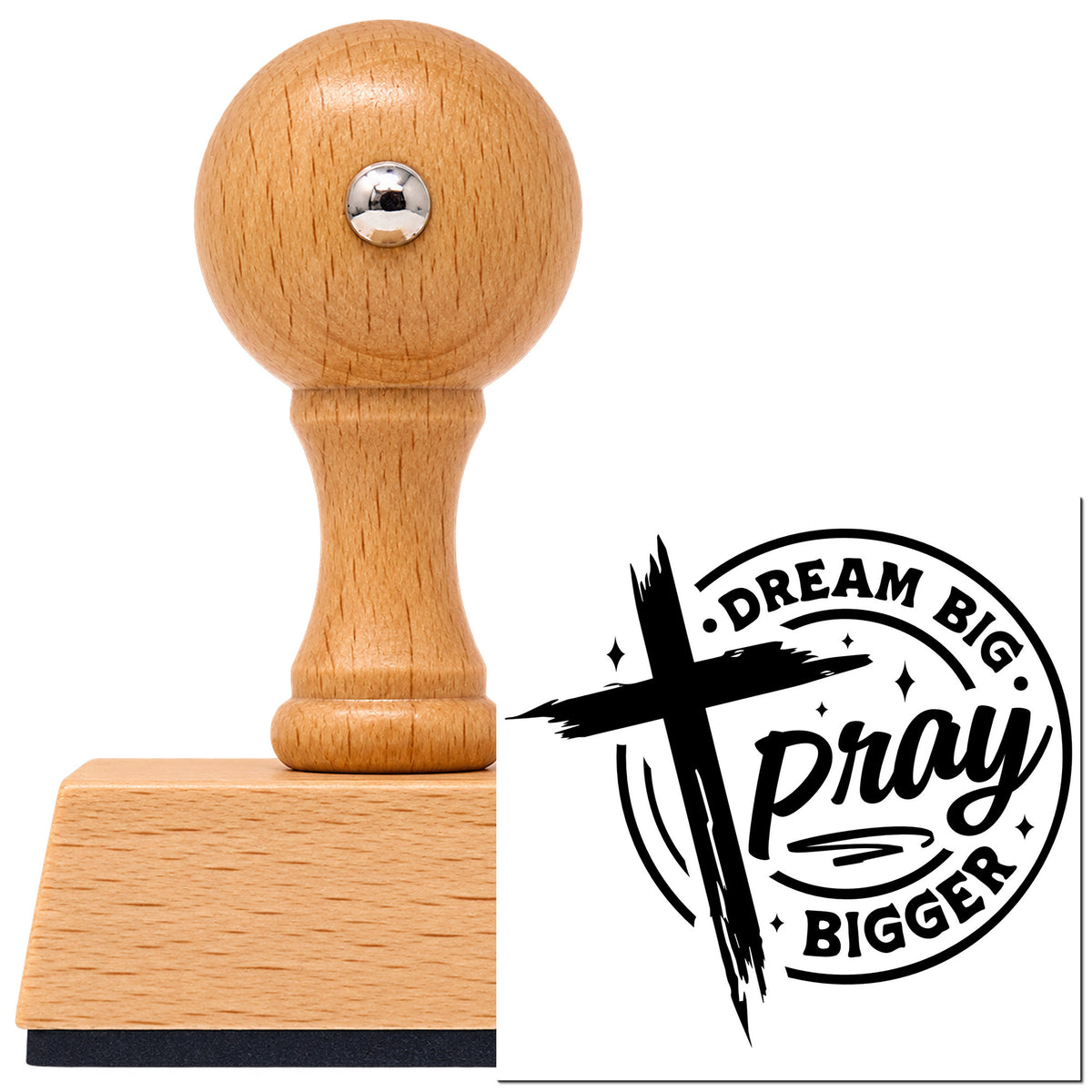 Dream Big, Pray Bigger Brushstroke Cross Vintage Pro rubber stamp in European beech wood with a round knob handle, shown beside its black imprint.