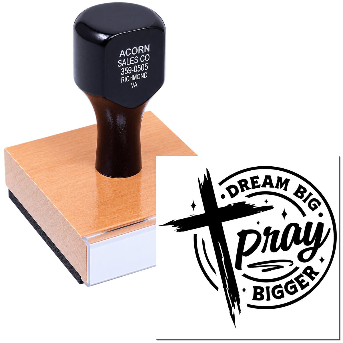 Custom rubber stamp showing Dream Big Pray Bigger church logo and business imprint on a wooden stamp block.