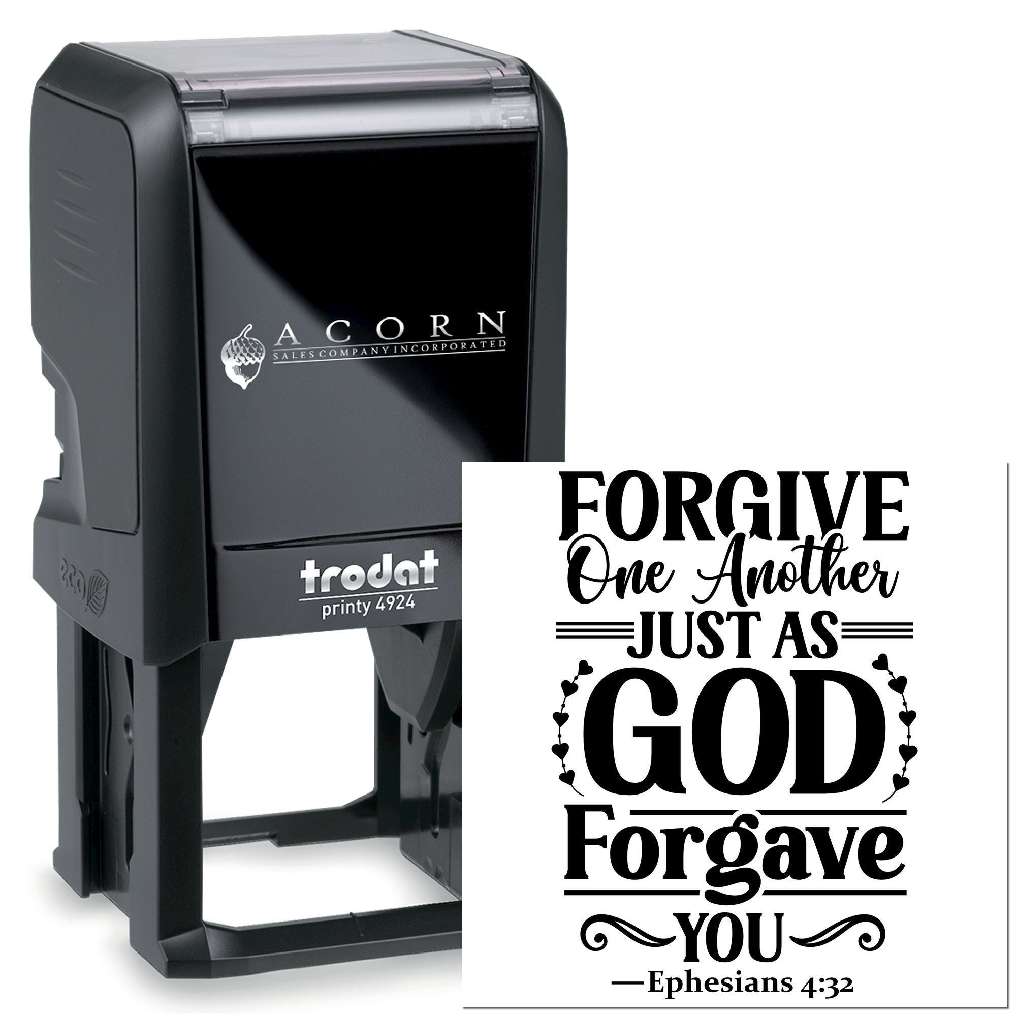 Trodat self-inking rubber stamp with Christian forgiveness message, Ephesians 4:32 quote for church or ministry use
