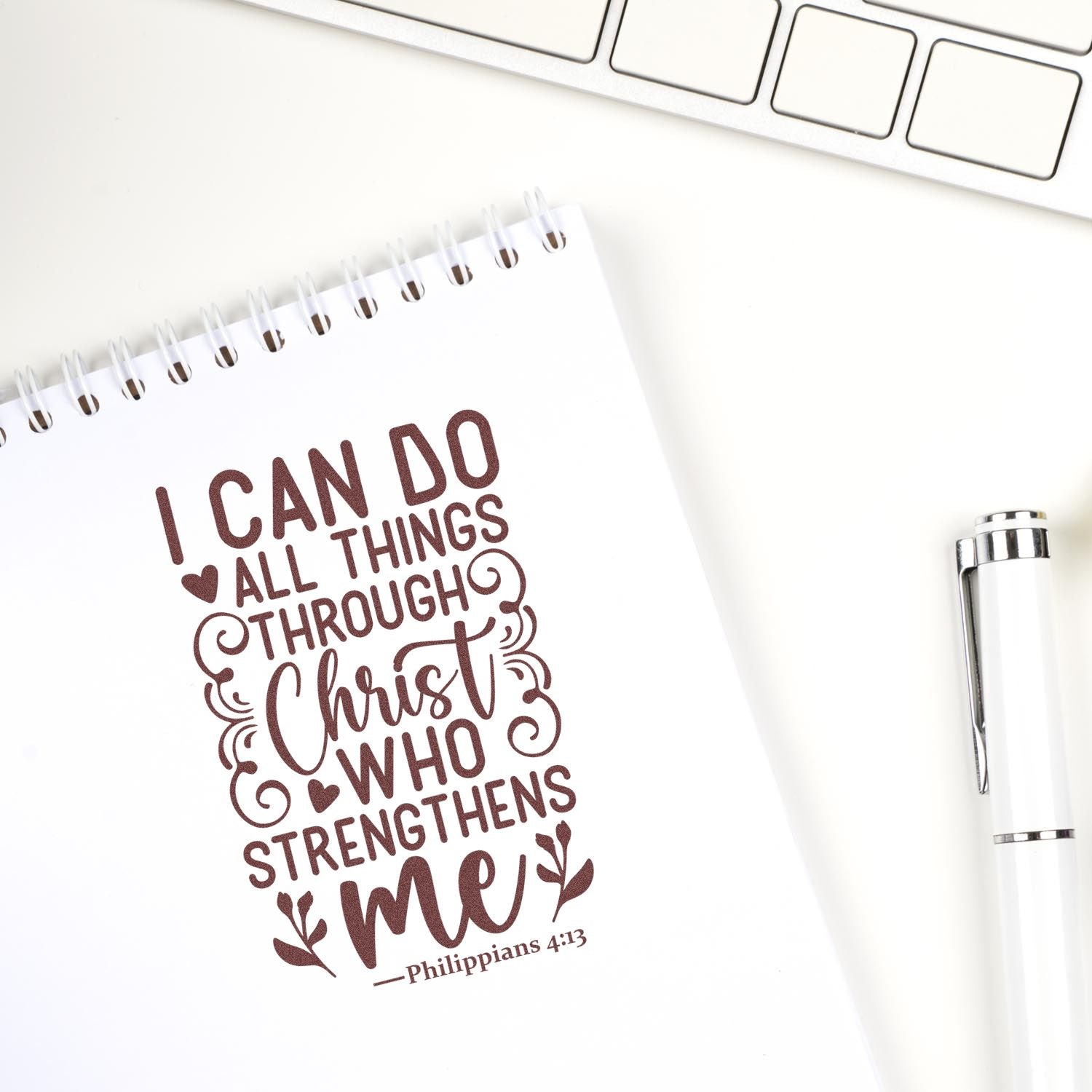 Inspirational Christian rubber stamp with Philippians 4:13, I can do all things through Christ who strengthens me.