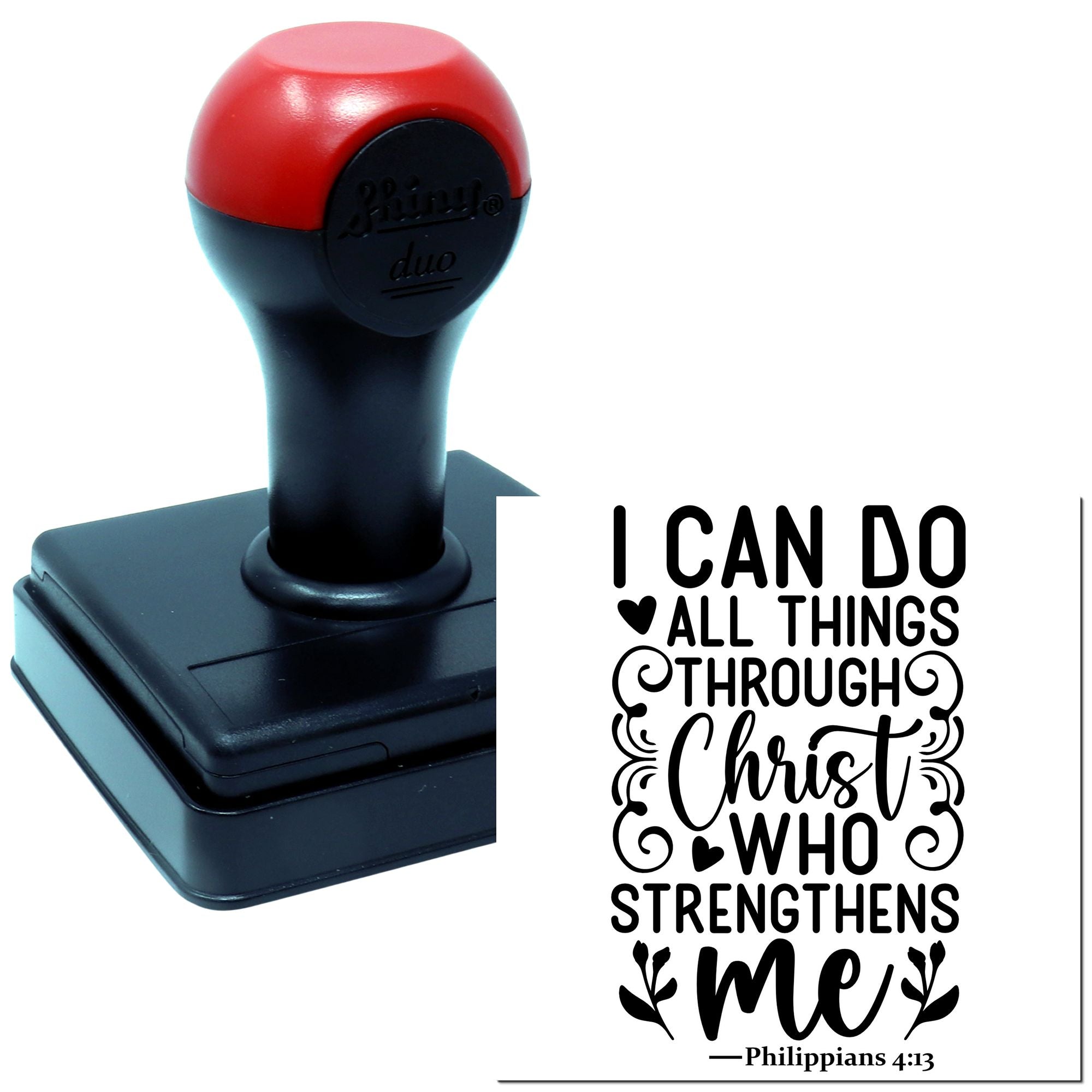 Self-inking Christian rubber stamp with Philippians 4:13 quote, I can do all things through Christ who strengthens me.
