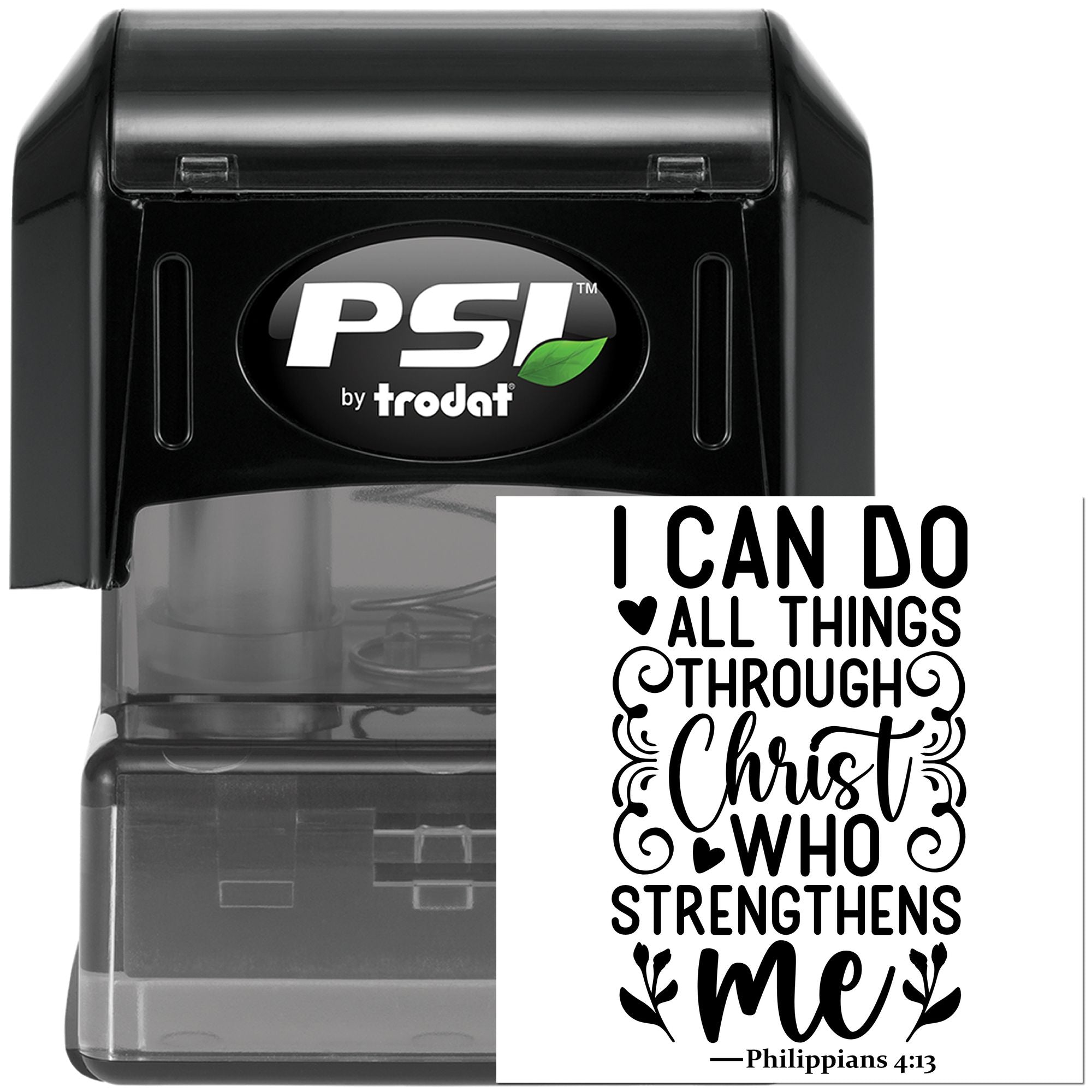 PSI by Trodat self-inking Christian rubber stamp with Philippians 4:13: I can do all things through Christ who strengthens me.