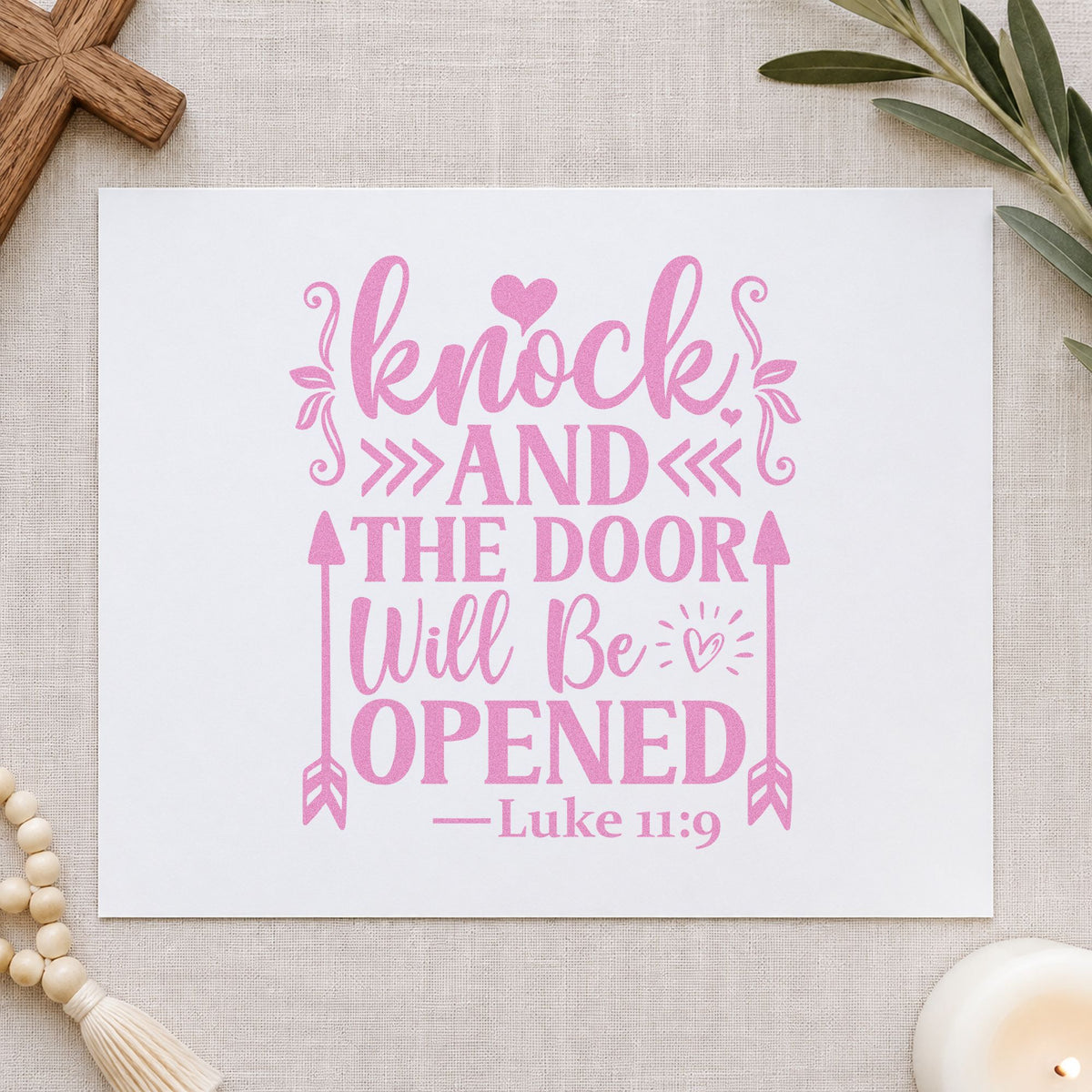 Knock and the Door Will Open craft stamp in purple ink on cardstock, an easy option for job search gifts.