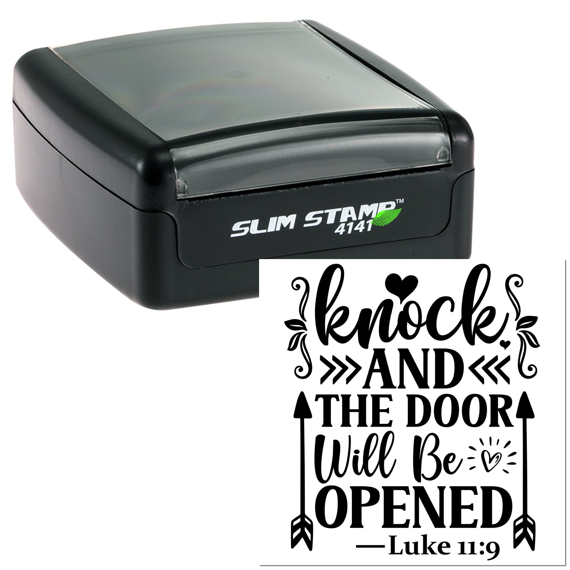 Slim Stamp 4141 self-inking rubber stamp featuring custom Bible verse artwork: "Knock and the door will be opened" Luke 11:9.