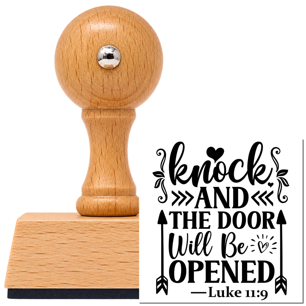 Knock And The Door Will Open Leaf Accents Vintage Pro rubber stamp in European beech wood with a round knob handle, shown beside its black imprint.