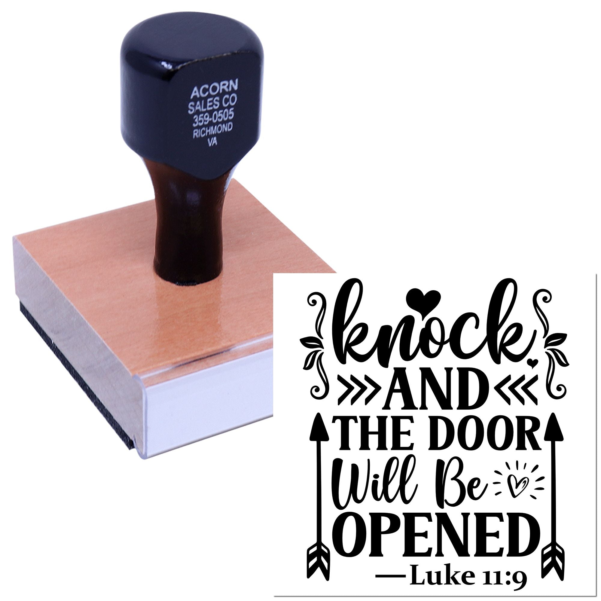 Custom Bible verse rubber stamp with Luke 11:9 Knock and the door will be opened design for Christian crafts and cards.