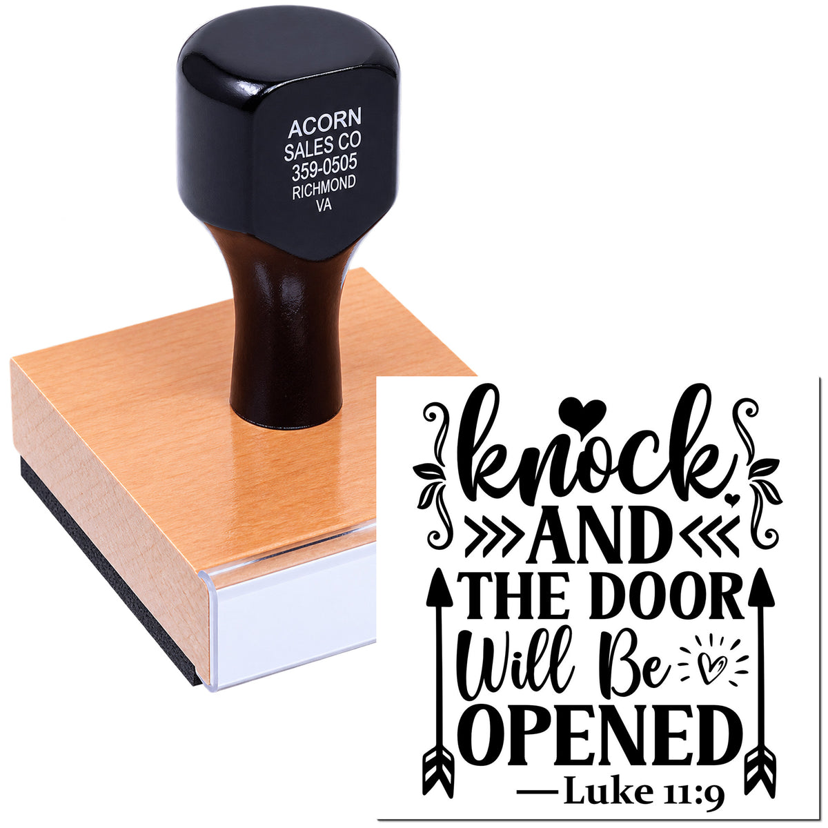 Custom Bible verse rubber stamp with Luke 11:9 Knock and the door will be opened design for Christian crafts and cards.