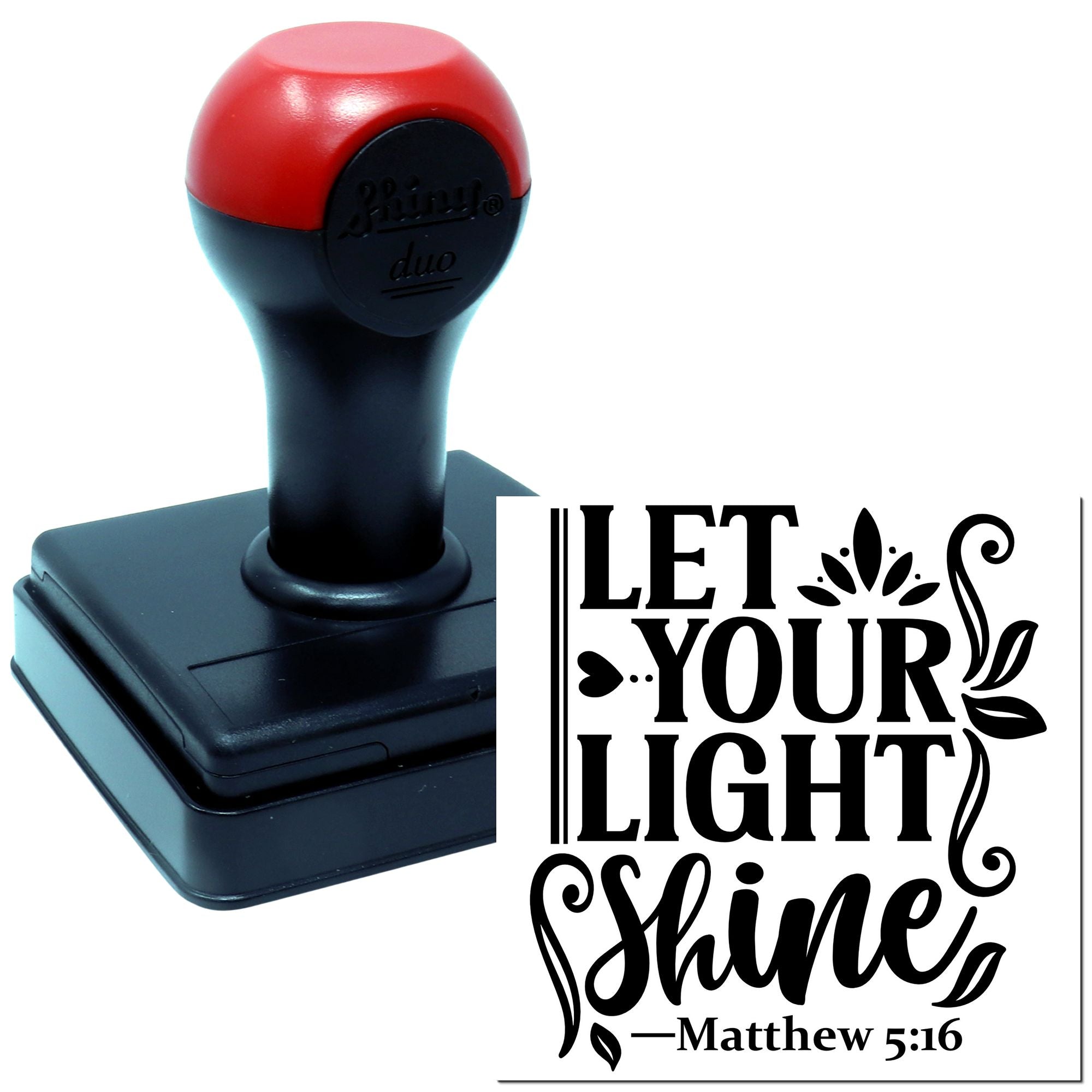Custom rubber stamp with Let Your Light Shine Matthew 5:16 Christian design for crafts, cards, and church projects.