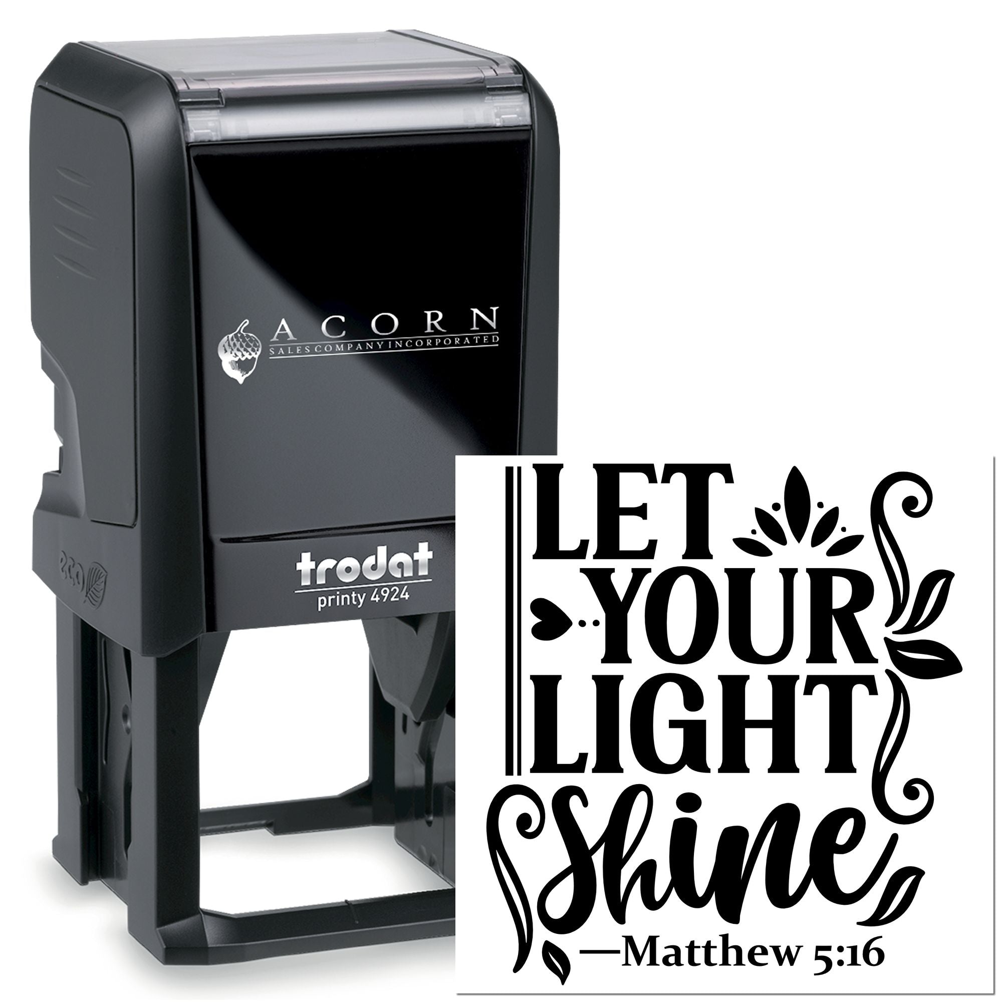 Custom self-inking rubber stamp with Let Your Light Shine Christian verse design, Matthew 5:16, for personalized stamping.
