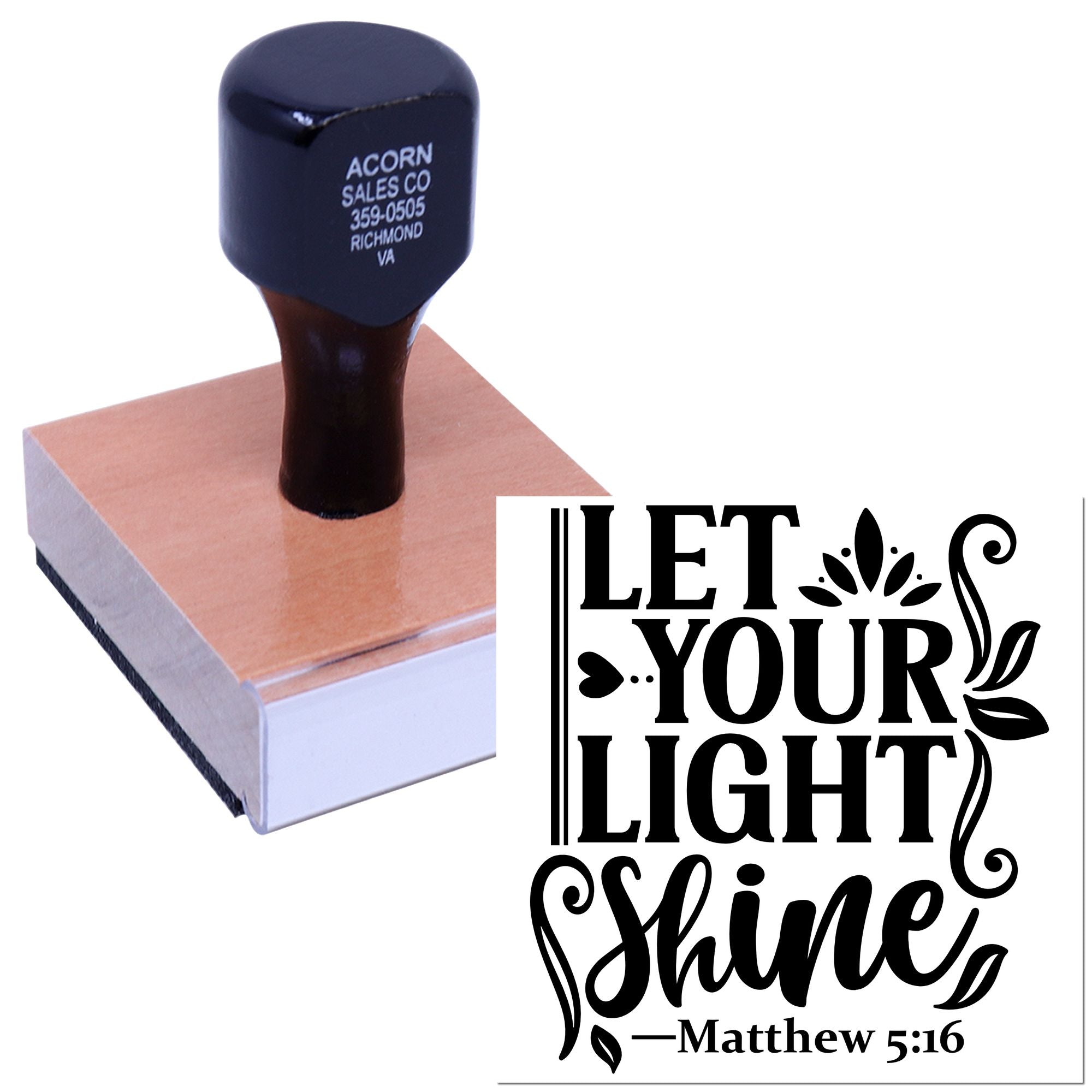 Custom rubber stamp with Let Your Light Shine Bible verse design, Matthew 5:16, for faith-based crafts and branding.