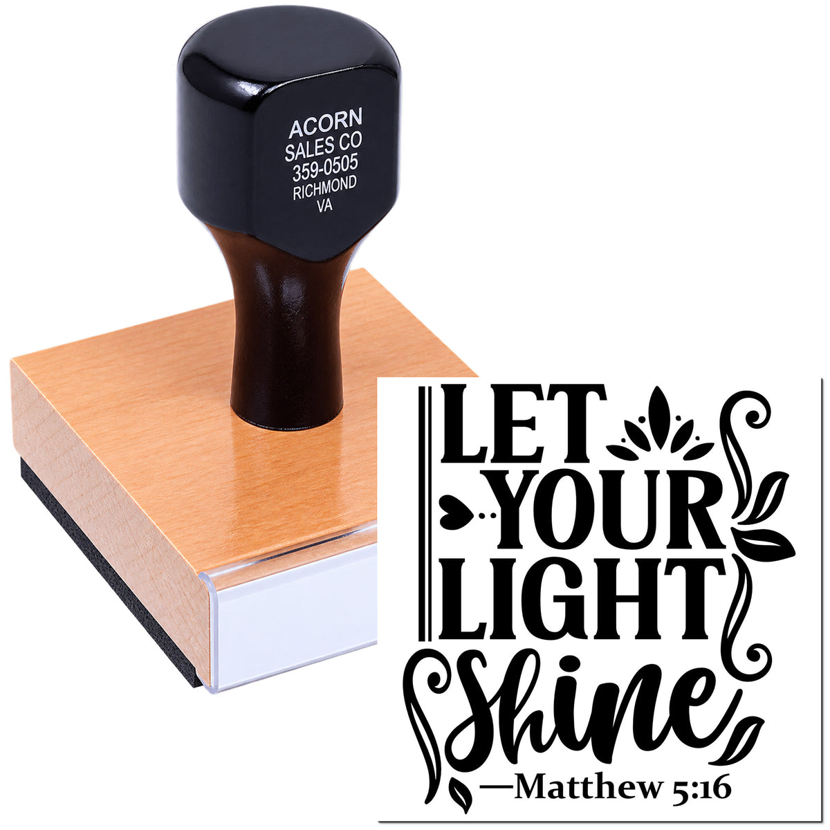 Custom rubber stamp with Let Your Light Shine Bible verse design, Matthew 5:16, for faith-based crafts and branding.