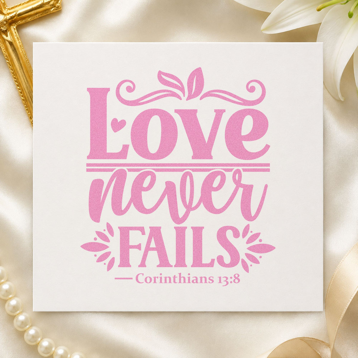 Love Never Fails craft stamp in purple ink on cardstock, an easy option for wedding programs.
