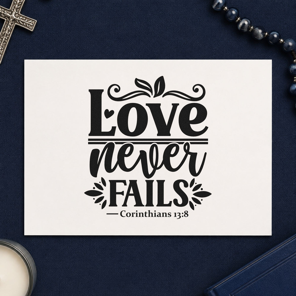 Love Never Fails rubber stamp printed in black ink, ready for love never fails cards and similar paper crafts.