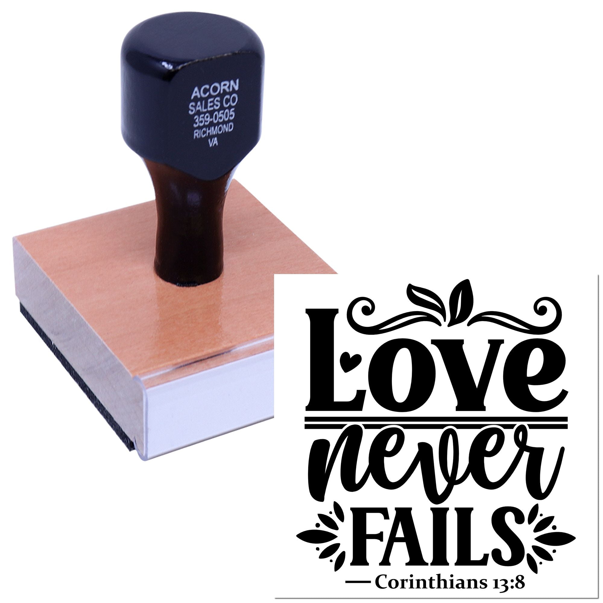 Custom rubber stamp with Bible verse Love never fails Corinthians 13:8 for church crafts, cards, and faith-based projects.