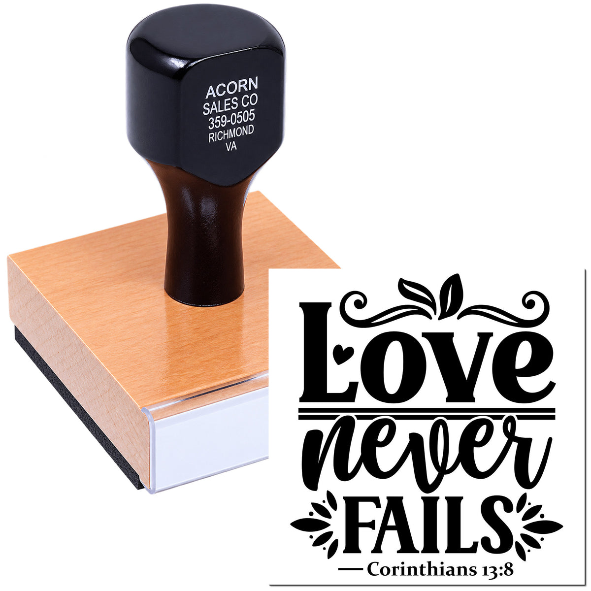 Custom rubber stamp with Bible verse Love never fails Corinthians 13:8 for church crafts, cards, and faith-based projects.