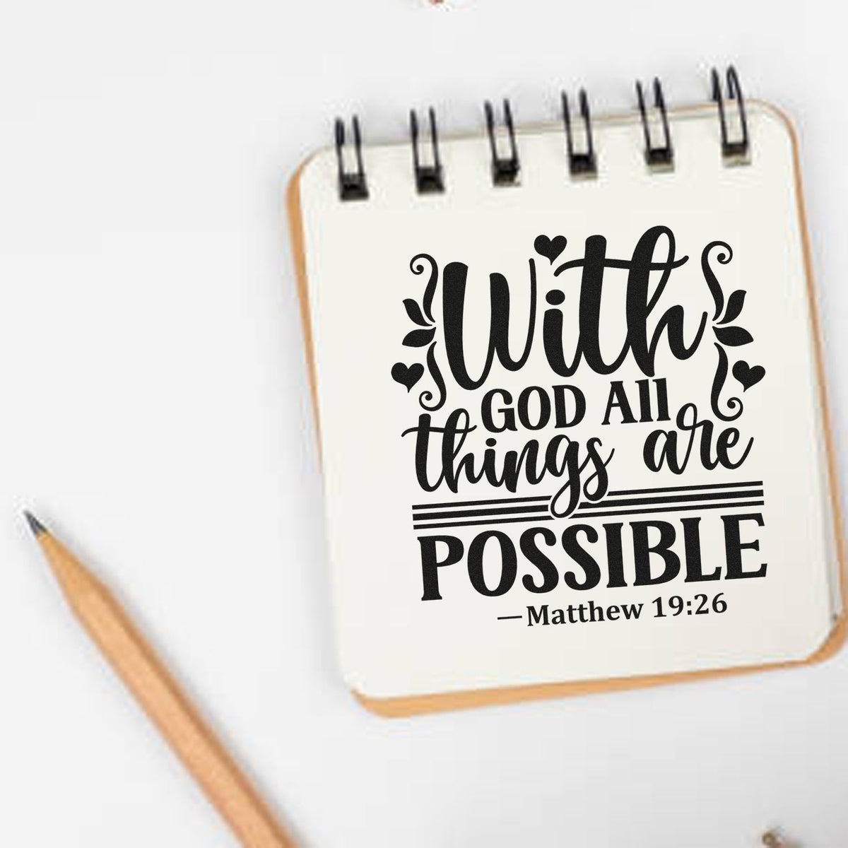 With God All Things Possible Premium Wooden Stamp - Vintage Pro imprint stamped in black ink. Leaves, hearts, and decorative rules frame "With God all things are possible," with Matthew 19:26.