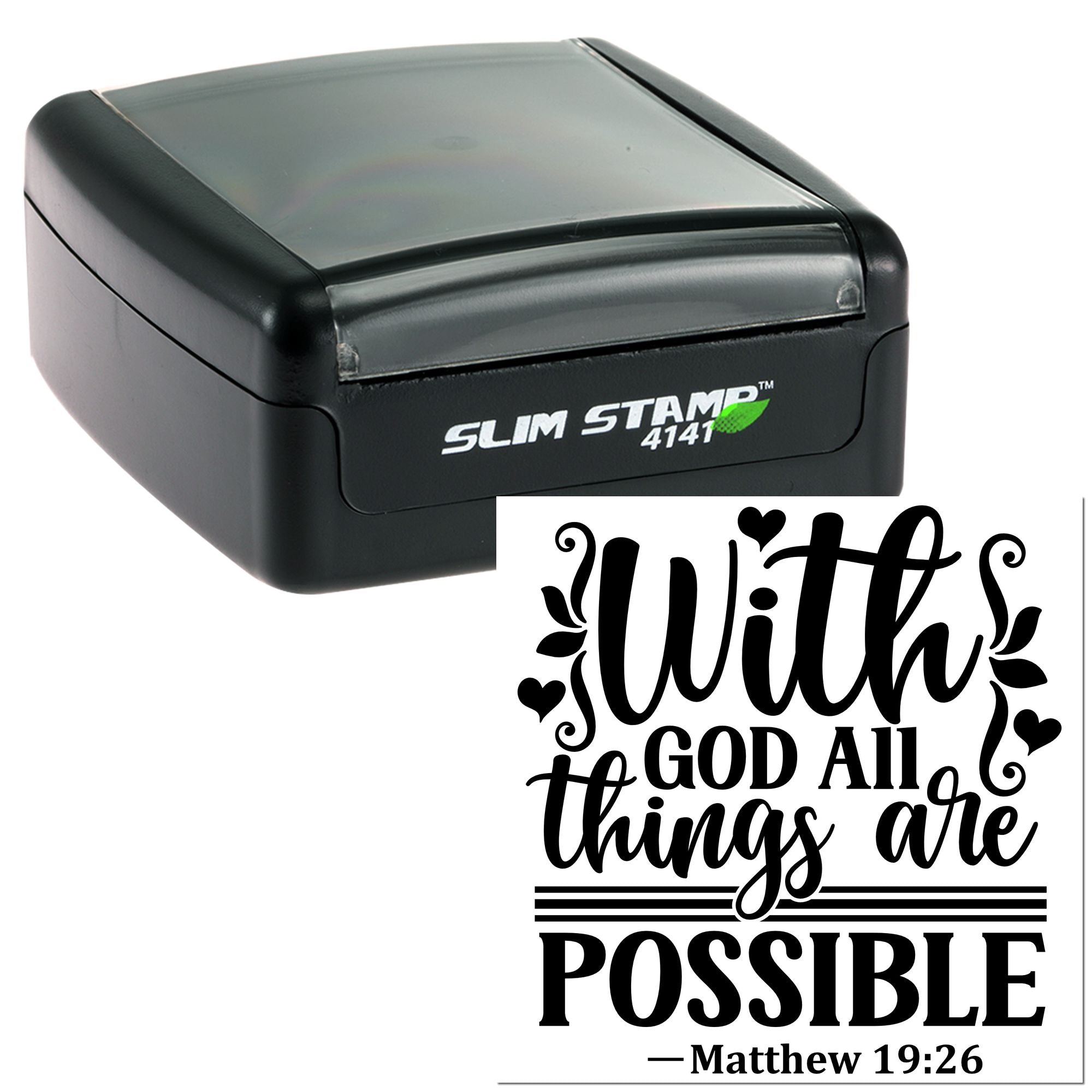 Christian rubber stamp with Matthew 19:26 verse, With God all things are possible, in a slim self-inking stamp.