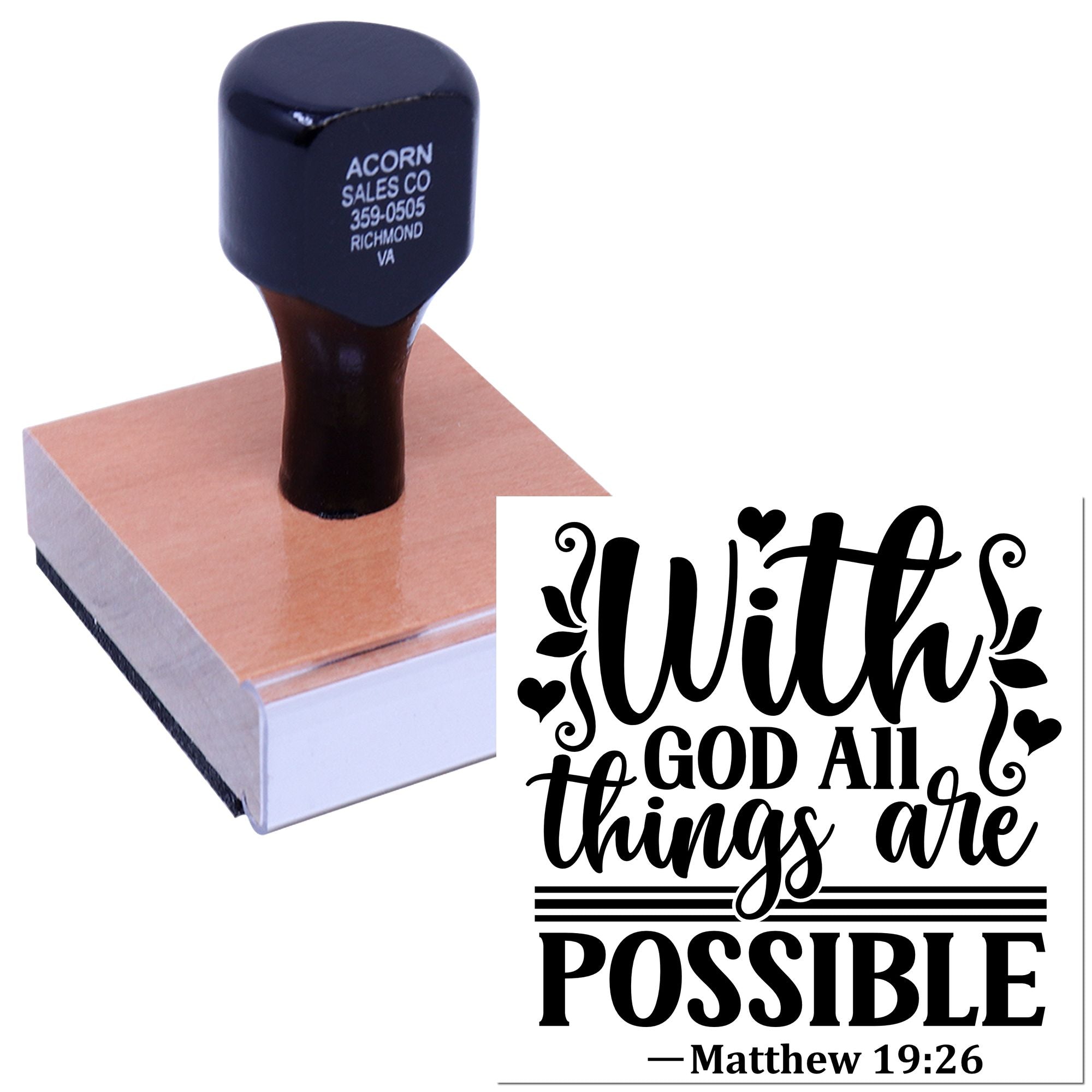 Custom rubber stamp with Matthew 19:26 quote, With God all things are possible, for inspirational crafts and branding.