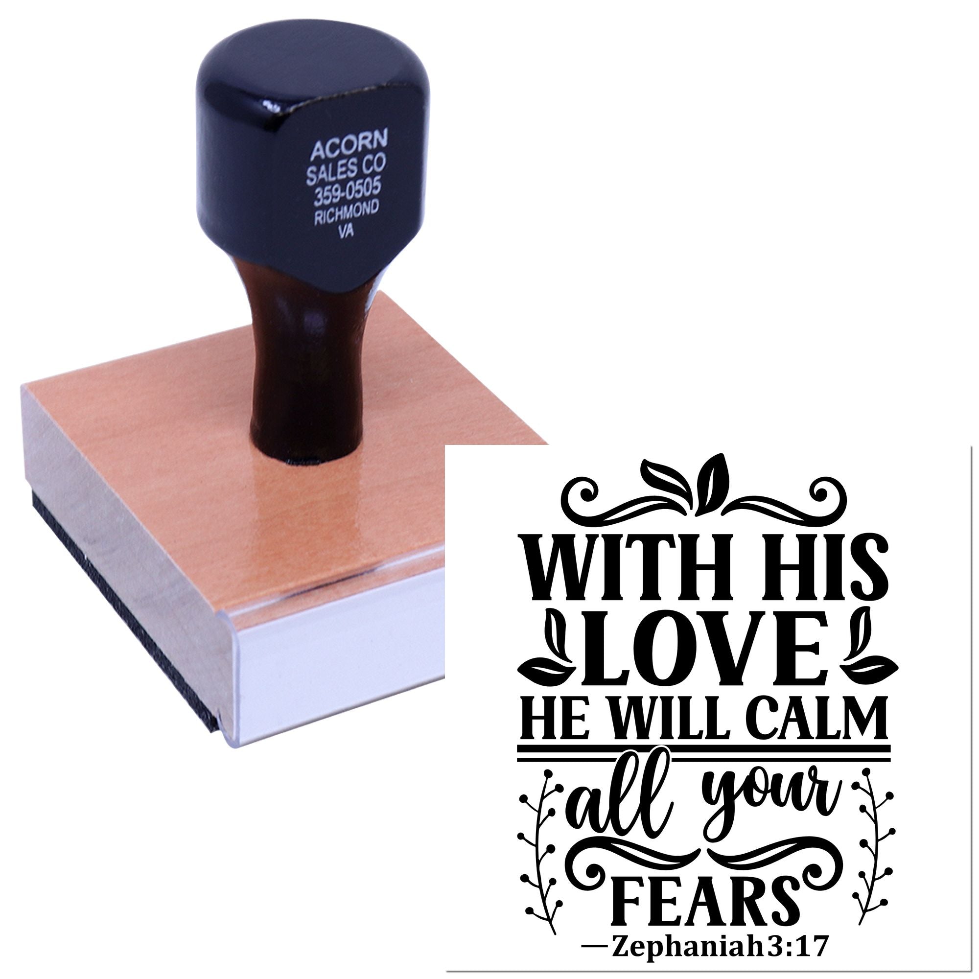 Christian Bible verse rubber stamp with Zephaniah 3:17 quote: With His love he will calm all your fears for faith crafting.
