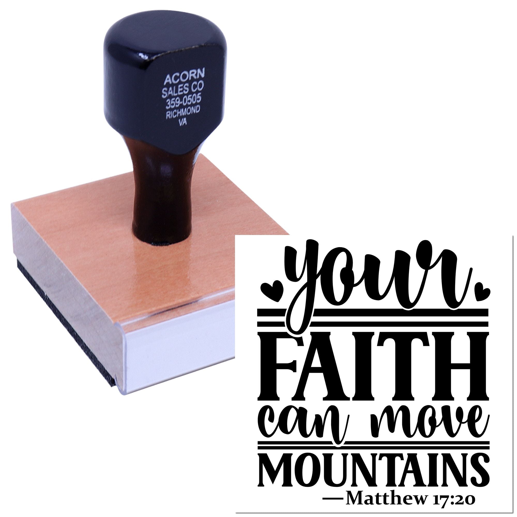 Custom rubber stamp with Your faith can move mountains Matthew 17:20 scripture design for faith-based crafting.