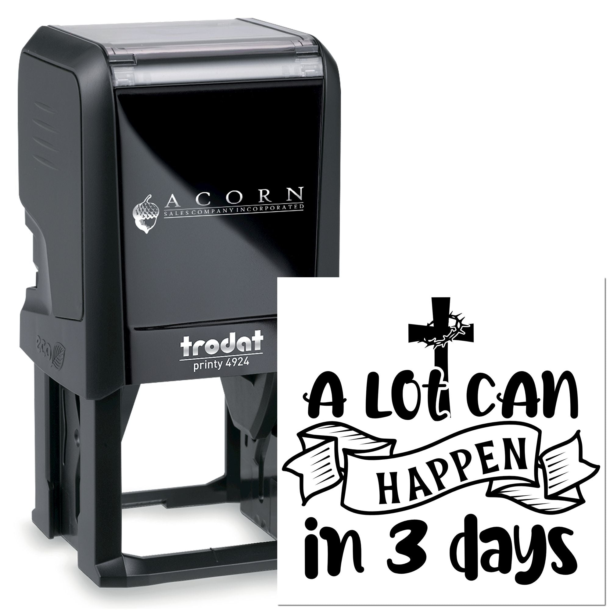 Custom self-inking rubber stamp with A Lot Can Happen in 3 Days Christian Easter cross design
