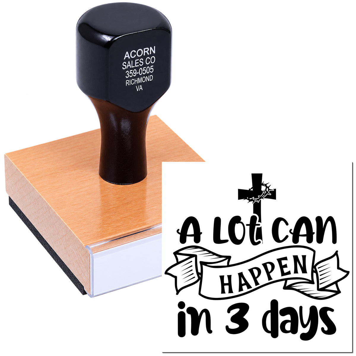 Custom rubber stamp with Christian Easter message, A Lot Can Happen in 3 Days, featuring a cross design.