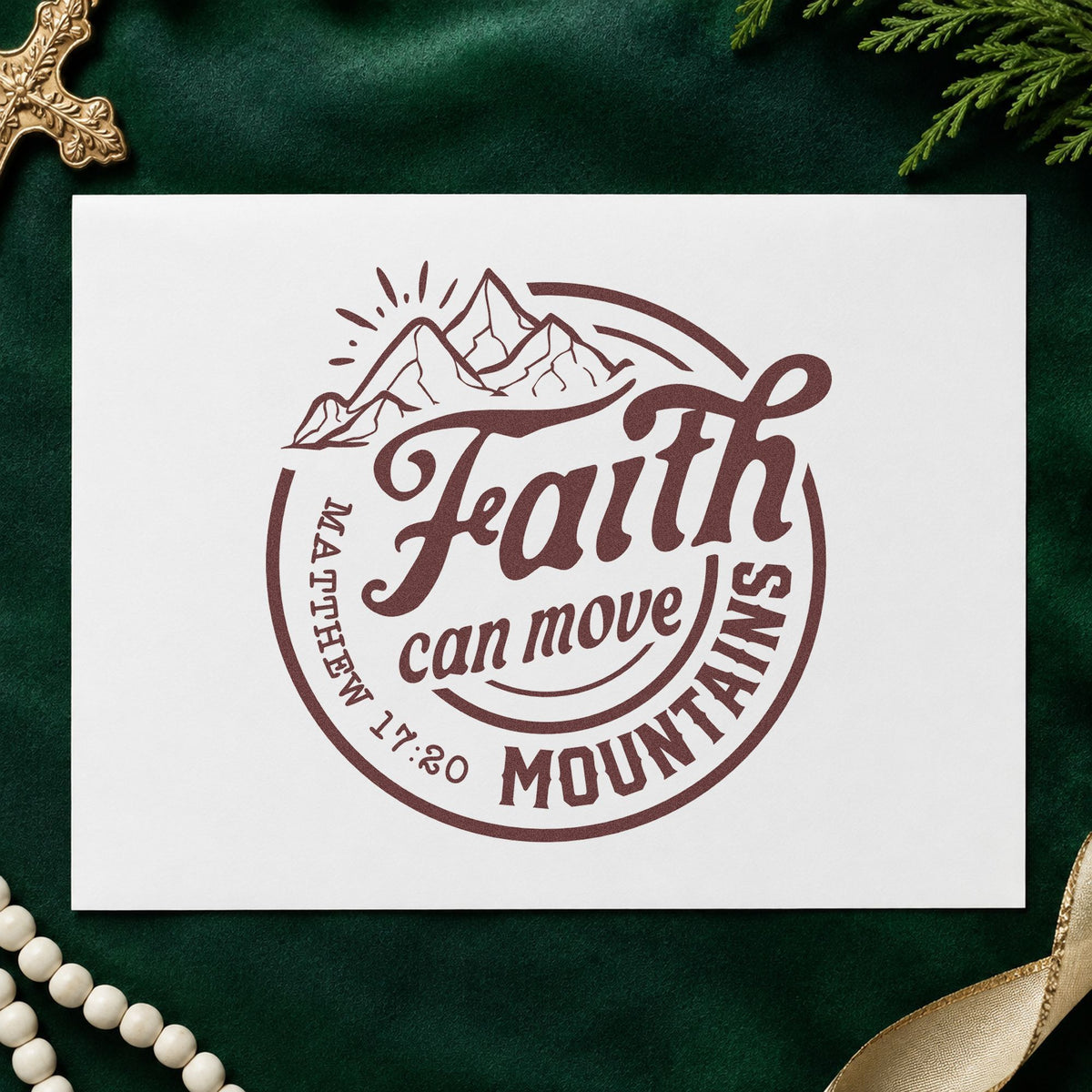 Faith Moves Mountains Circle rubber stamp printed in brown ink, ready for summit scrapbooks and similar paper crafts.