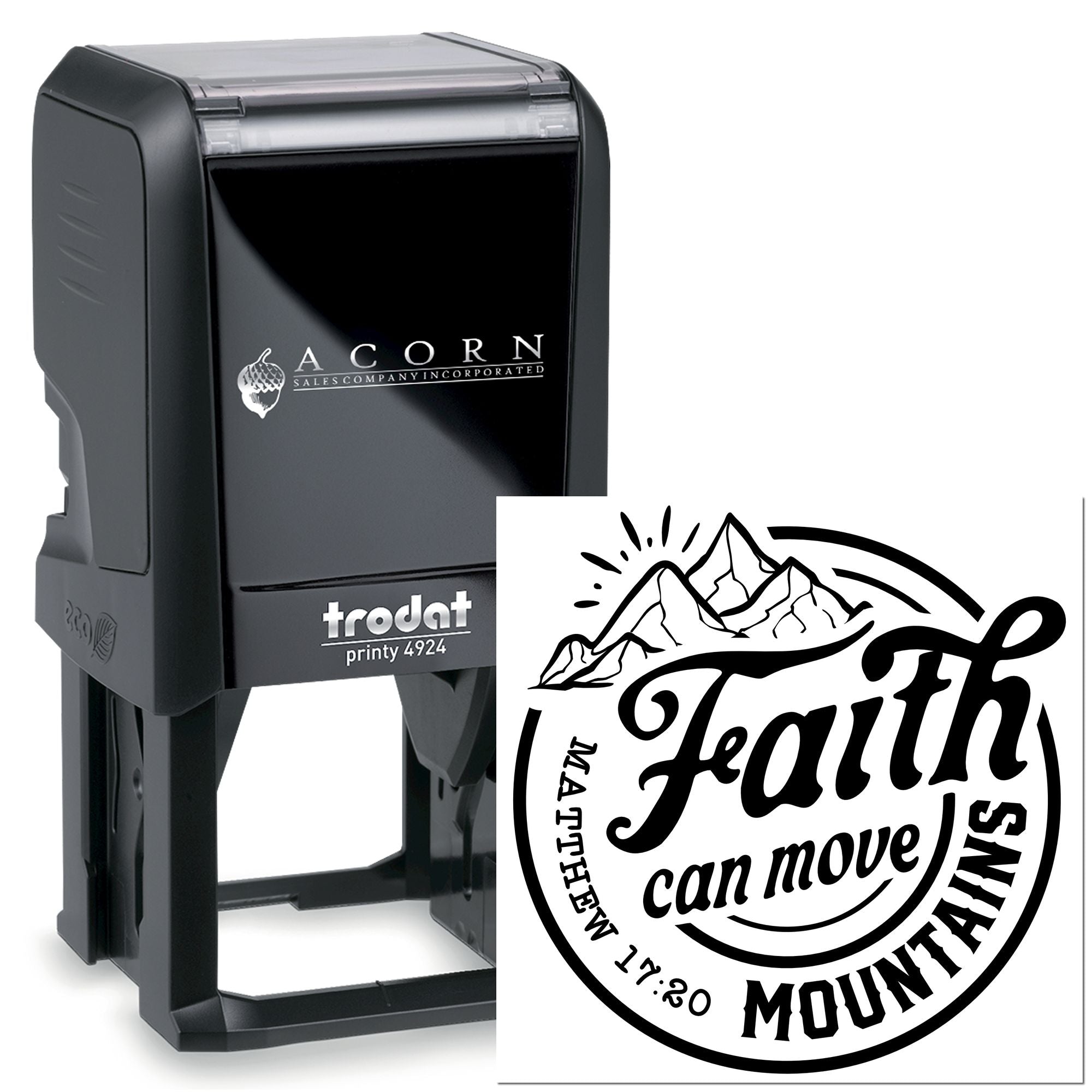 Custom self-inking rubber stamp with mountain logo and Faith can move mountains design for personalized business or faith stamps.