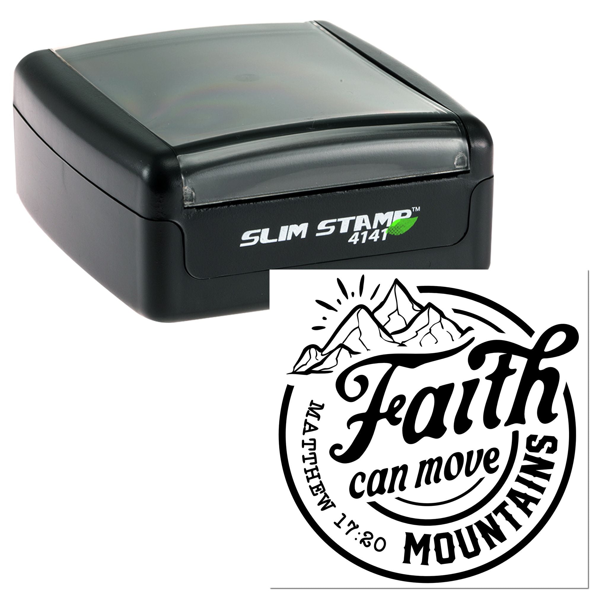 Custom self-inking rubber stamp with Faith can move mountains mountain design for faith-based crafts and packaging.