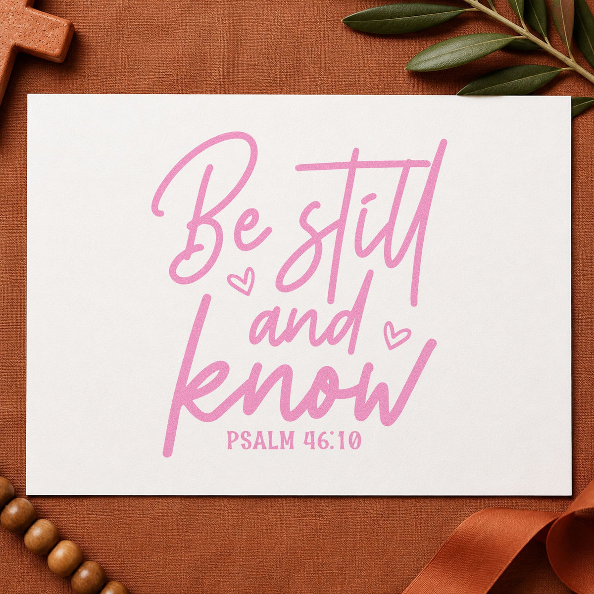 Be Still and Know Script craft stamp in purple ink on cardstock, an easy option for sympathy notes.