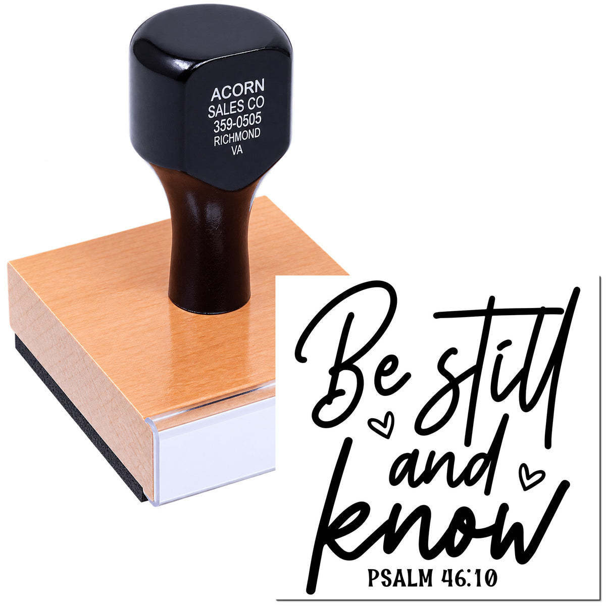 Custom rubber stamp with Psalm 46:10 Bible verse design, Be still and know, for faith-based cards and crafts.