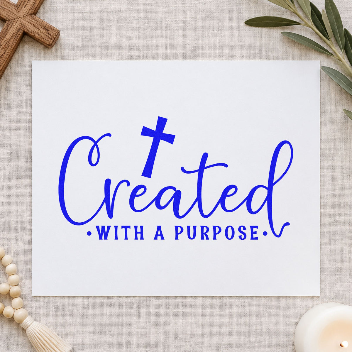 Created with a Purpose Script craft stamp in blue ink on cardstock, an easy option for canvas totes.