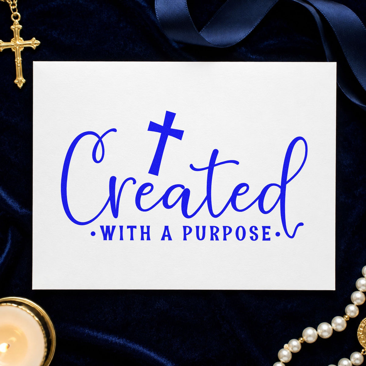 Created with a Purpose Script craft stamp imprinted in blue ink on paper, a design suited to maker hang tags.