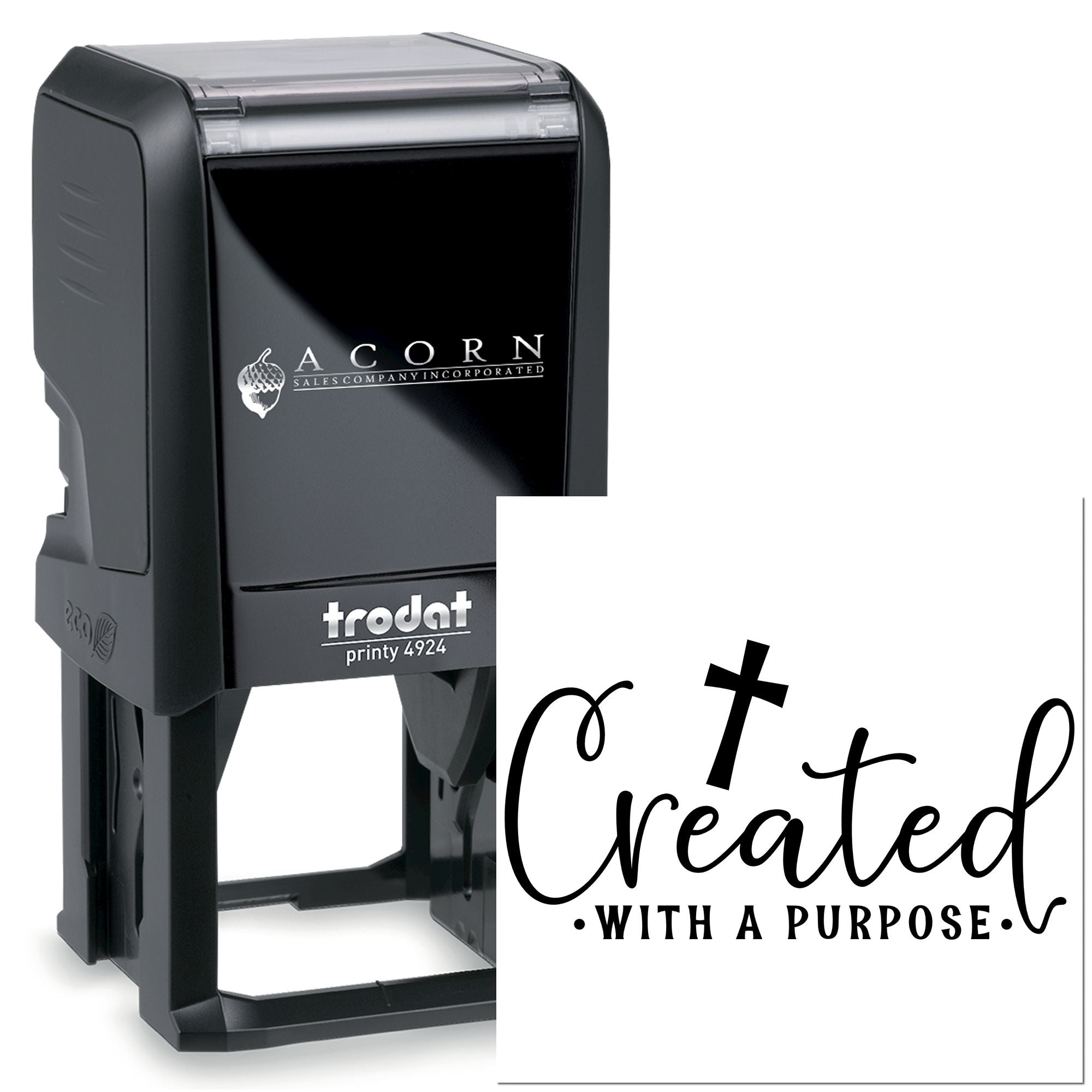 Custom self-inking rubber stamp with Acorn logo and "Created with a Purpose" branding, Trodat Printy 4924