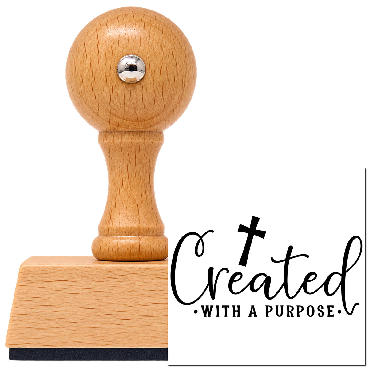 Created With A Purpose Script Vintage Pro rubber stamp in European beech wood with a round knob handle, shown beside its black imprint.