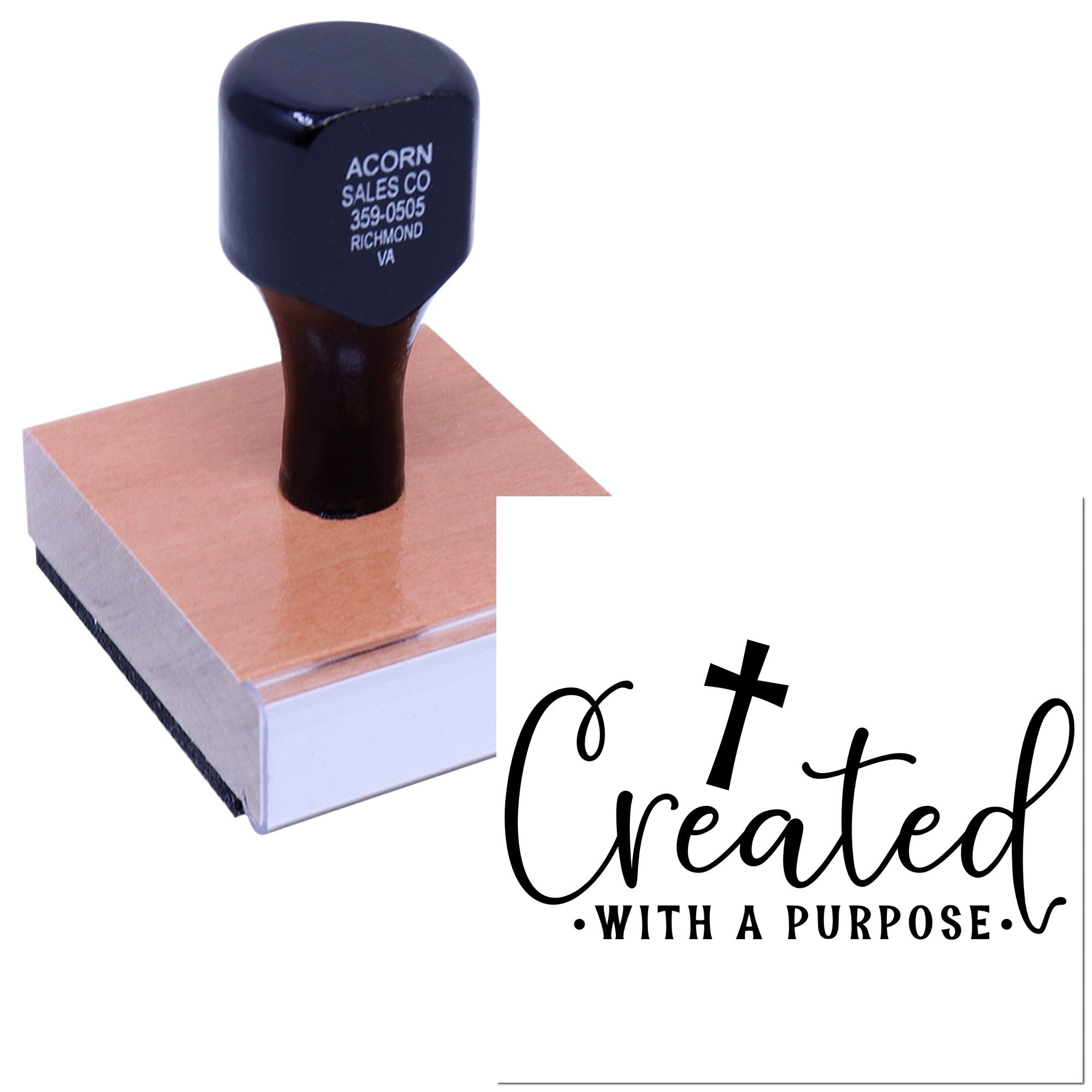 Custom rubber stamp with Created with a Purpose design for branding, packaging, and business use.