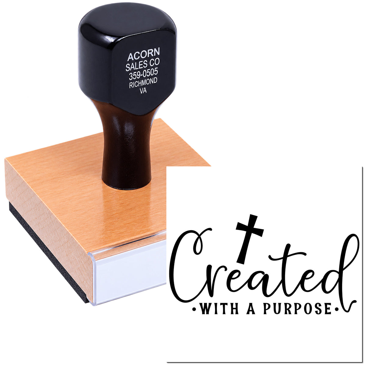 Custom rubber stamp with Created with a Purpose design for branding, packaging, and business use.