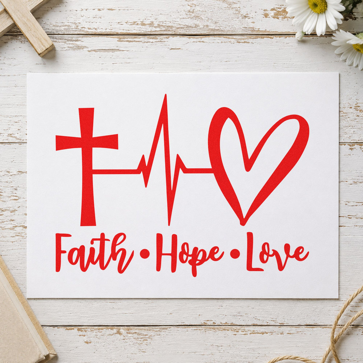 Faith Hope Love Heartbeat rubber stamp shown in red ink, stamped for projects such as hospital chaplain notes.