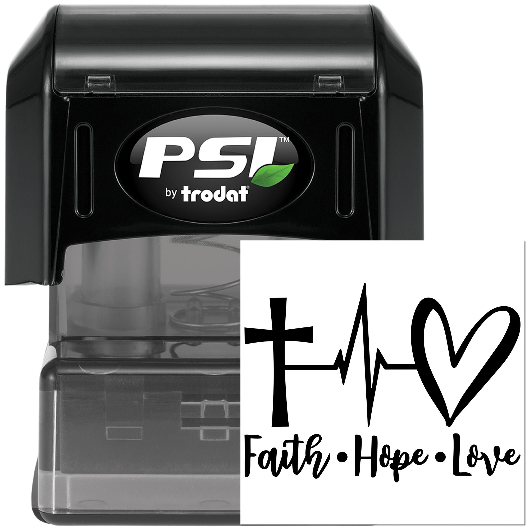 PSI by Trodat self-inking Christian rubber stamp featuring Faith Hope Love cross, heartbeat line and heart design.