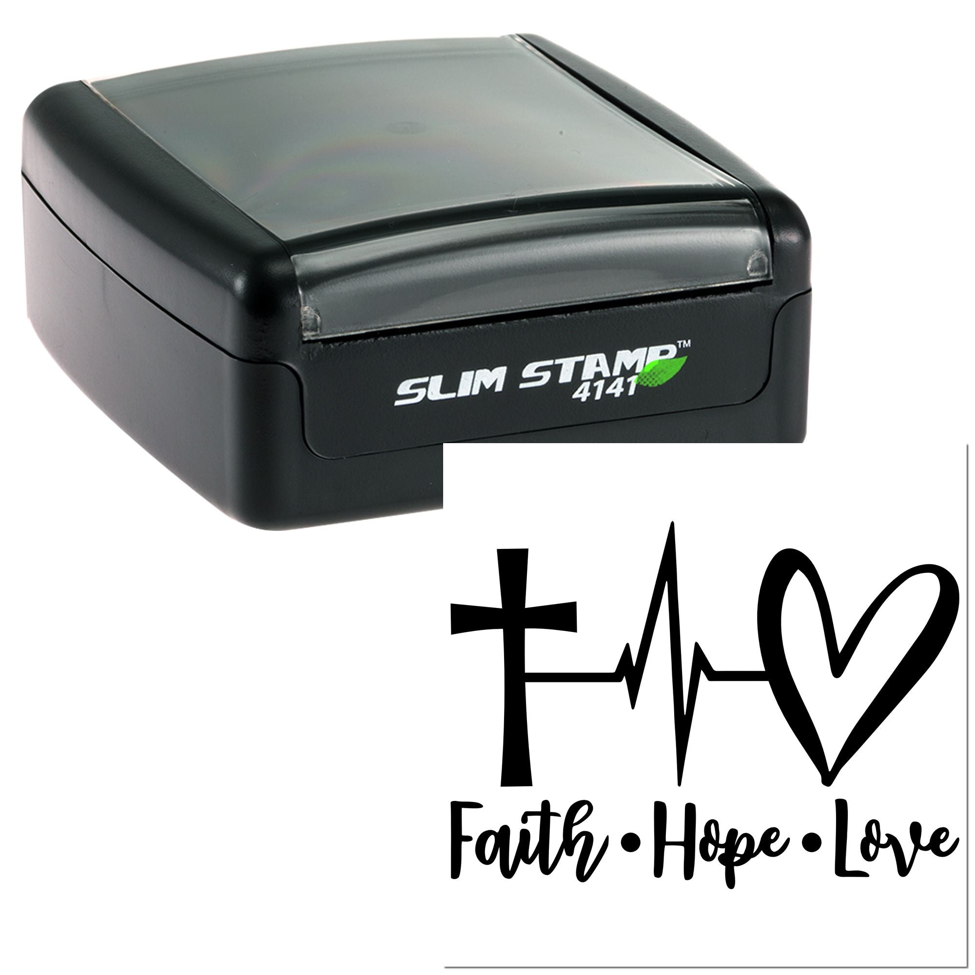 Slim Stamp 4141 self-inking rubber stamp with Christian cross, heartbeat line, heart, and Faith Hope Love design.