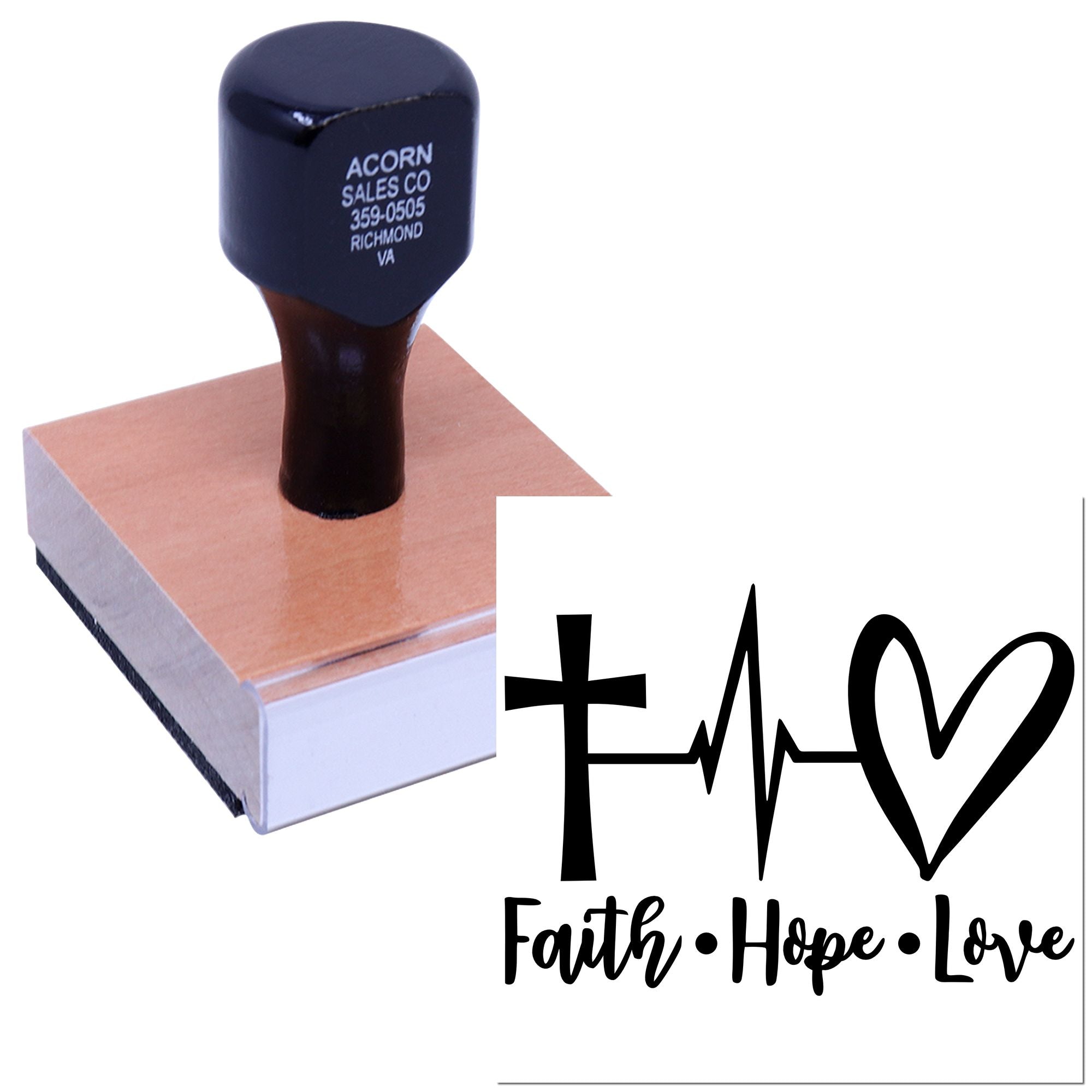 Custom Christian rubber stamp with Faith Hope Love design, cross, heartbeat and heart for inspirational cards and crafts.