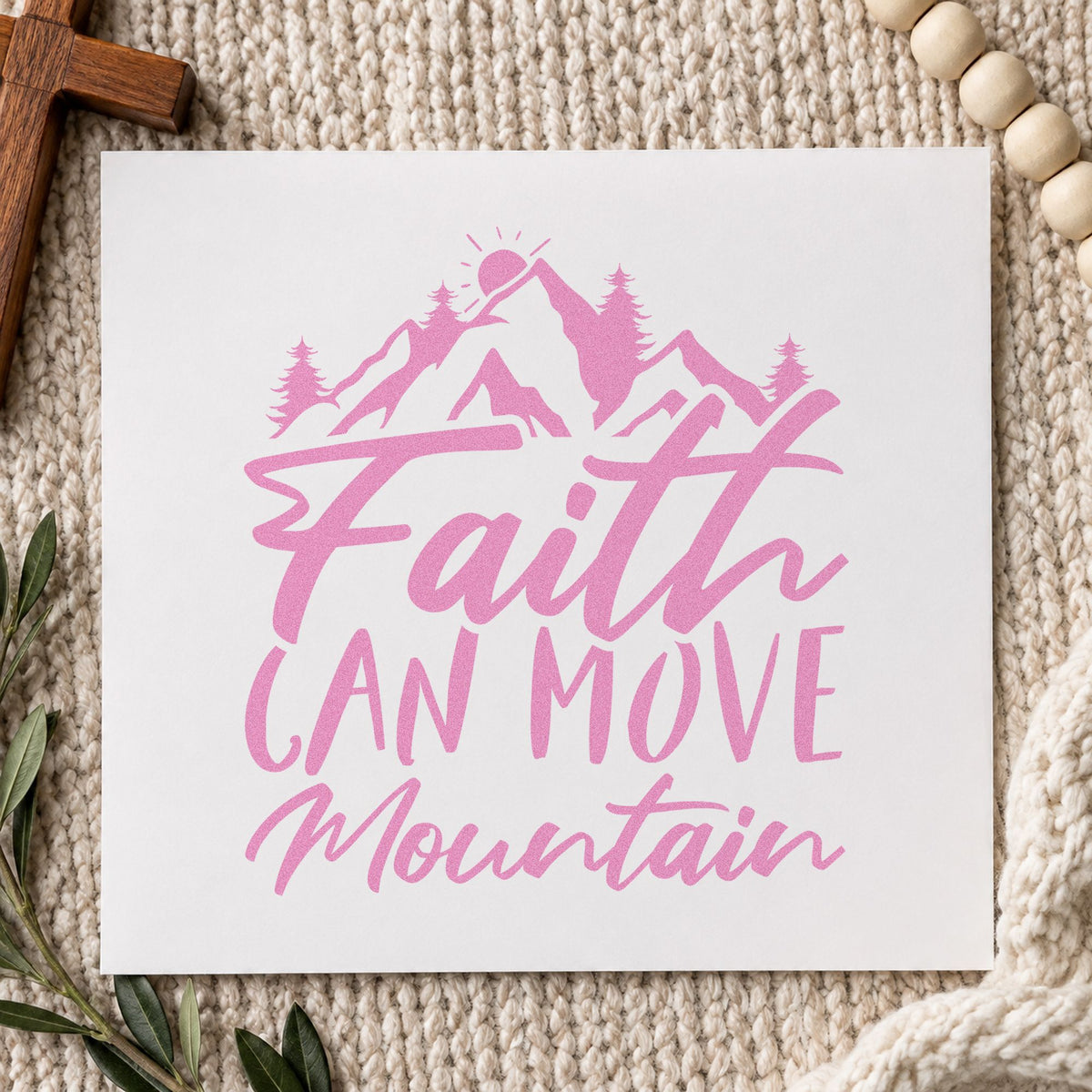 Faith Can Move a Mountain craft stamp in purple ink on cardstock, an easy option for camping trip tags.