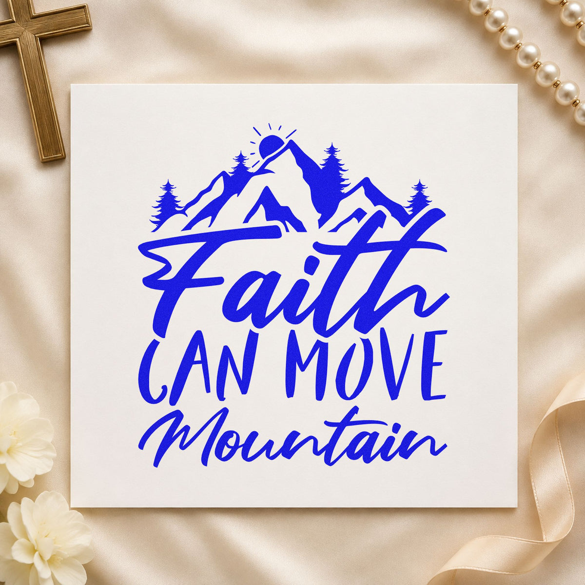 Faith Can Move a Mountain craft stamp in blue ink on cardstock, an easy option for canvas totes.
