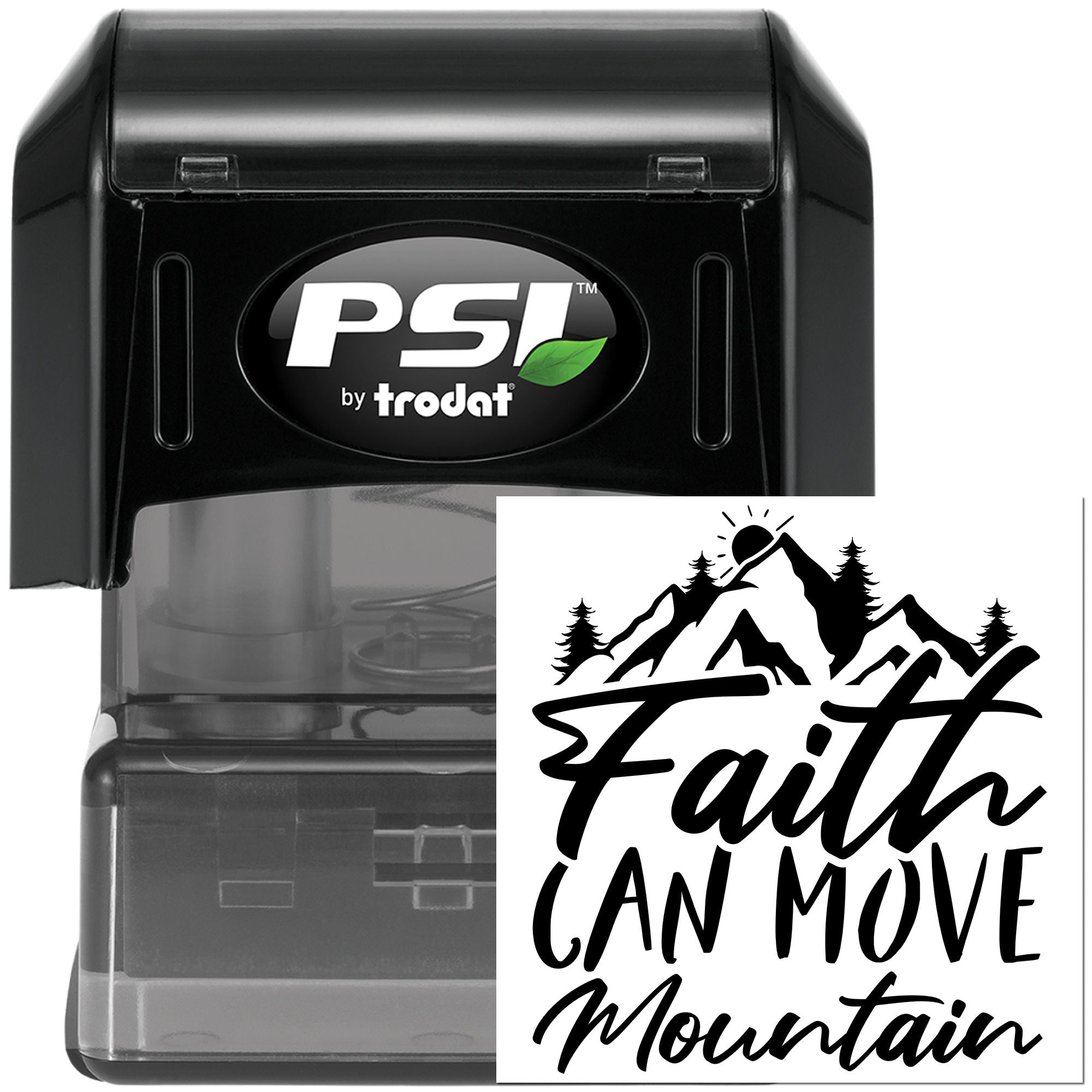 PSI by Trodat self-inking rubber stamp with Faith Can Move Mountain mountain design for Christian crafts and office use