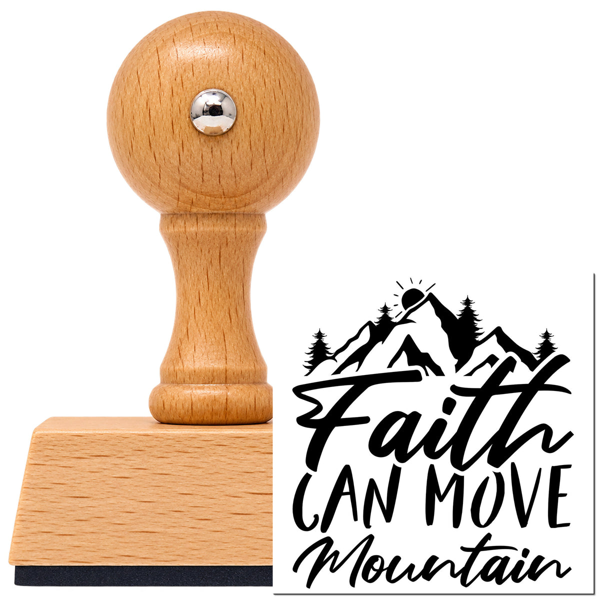 Faith Can Move Mountain Vintage Pro rubber stamp in European beech wood with a round knob handle, shown beside its black imprint.