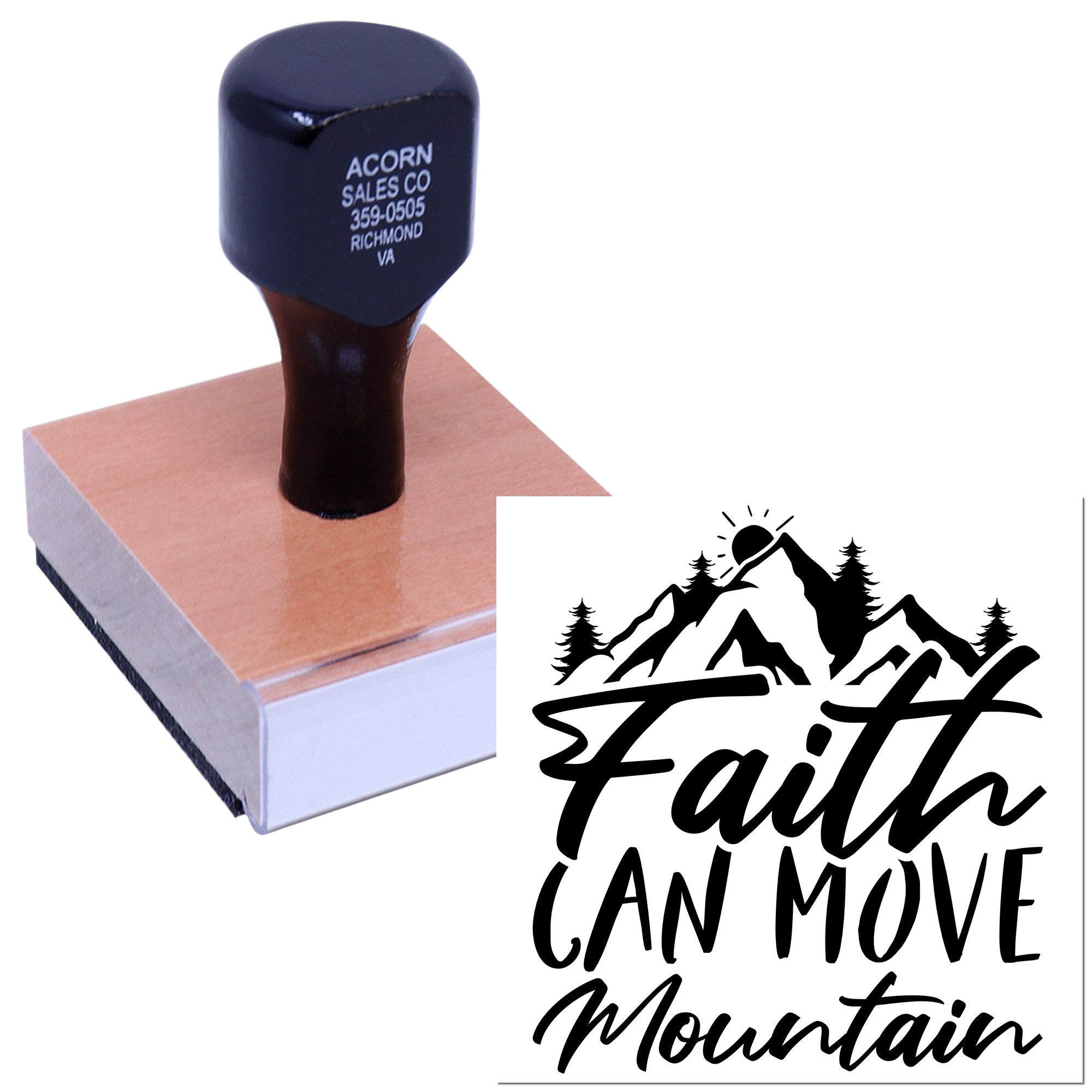 Inspirational custom rubber stamp with mountain design and Faith Can Move Mountain quote for crafts, branding, and packaging.