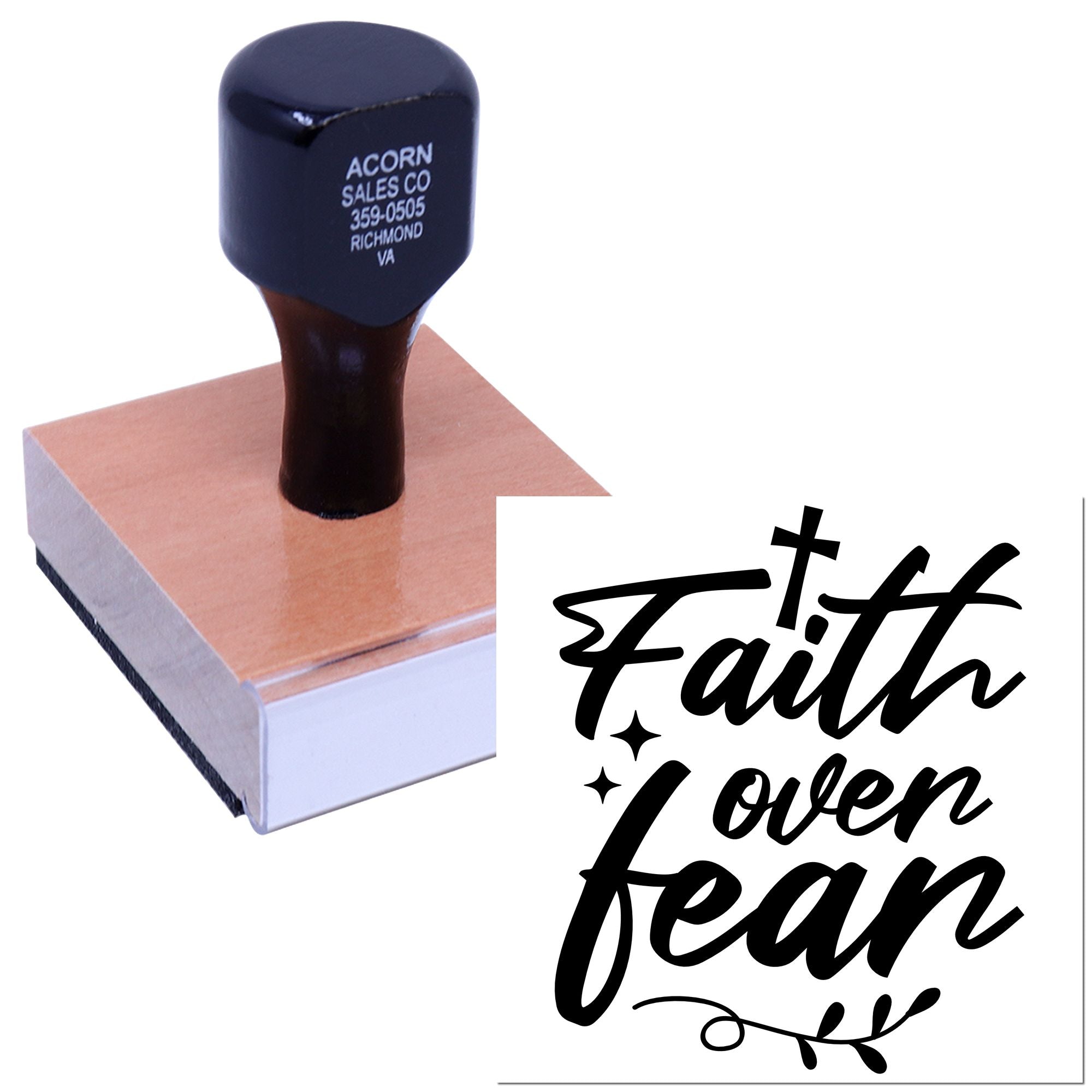 Faith over fear custom rubber stamp with decorative Christian script for religious crafts, cards, and paper stamping